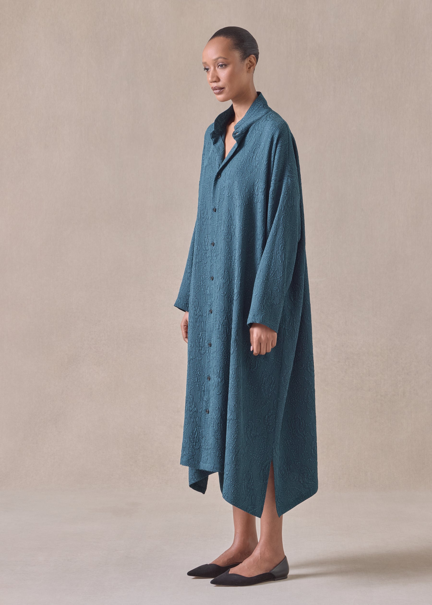 silk wide a-line double stand collar shirt dress