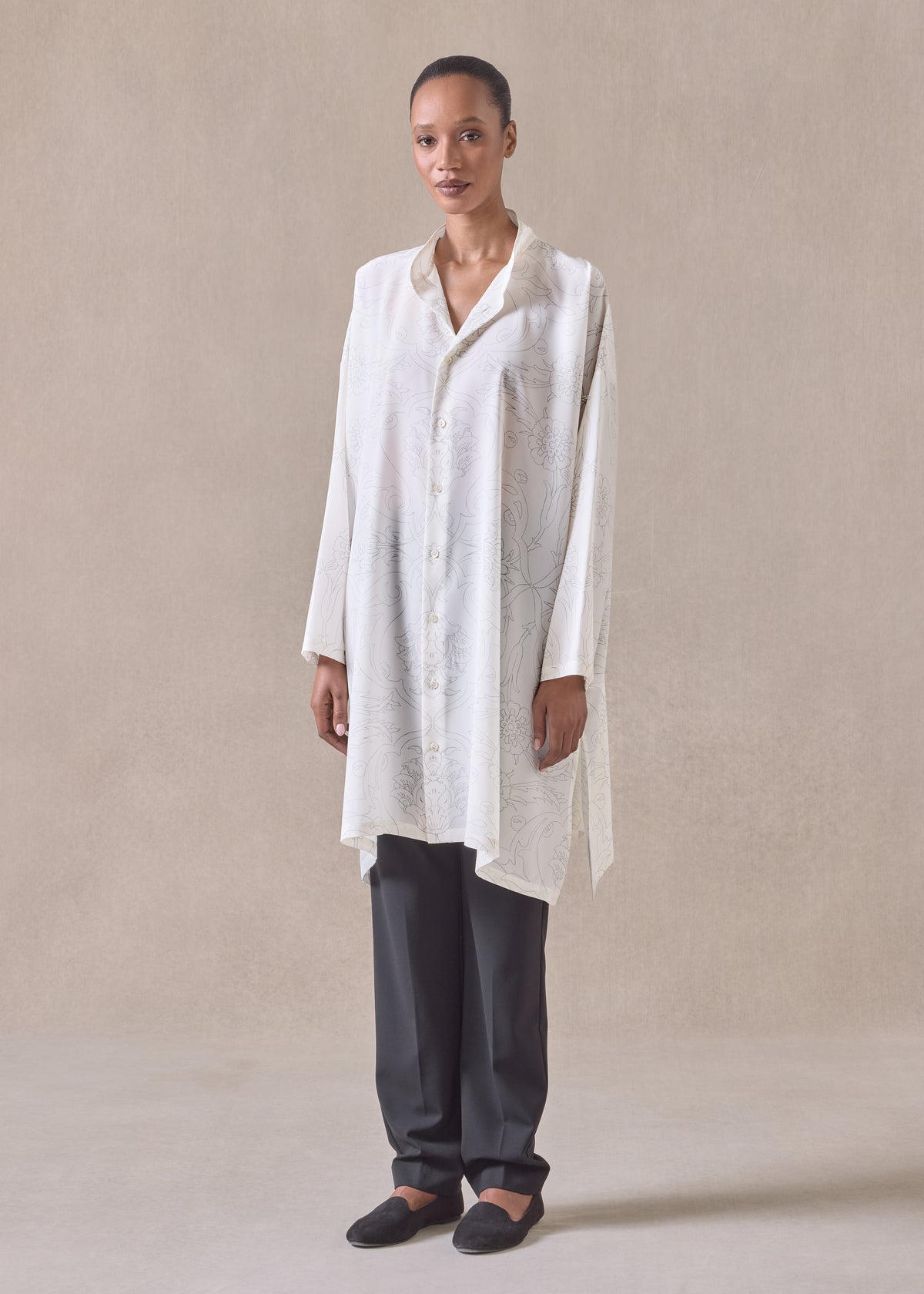 silk wide a-line collarless shirt - very long with slits