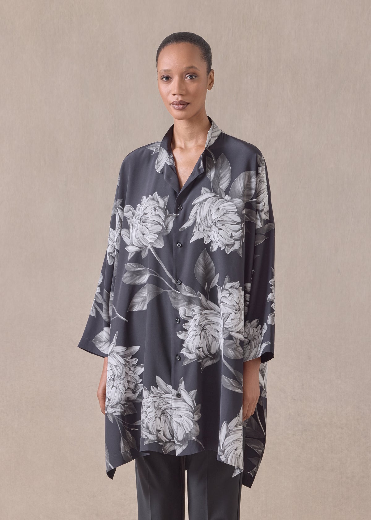 silk wide longer back collarless shirt - very long with slits