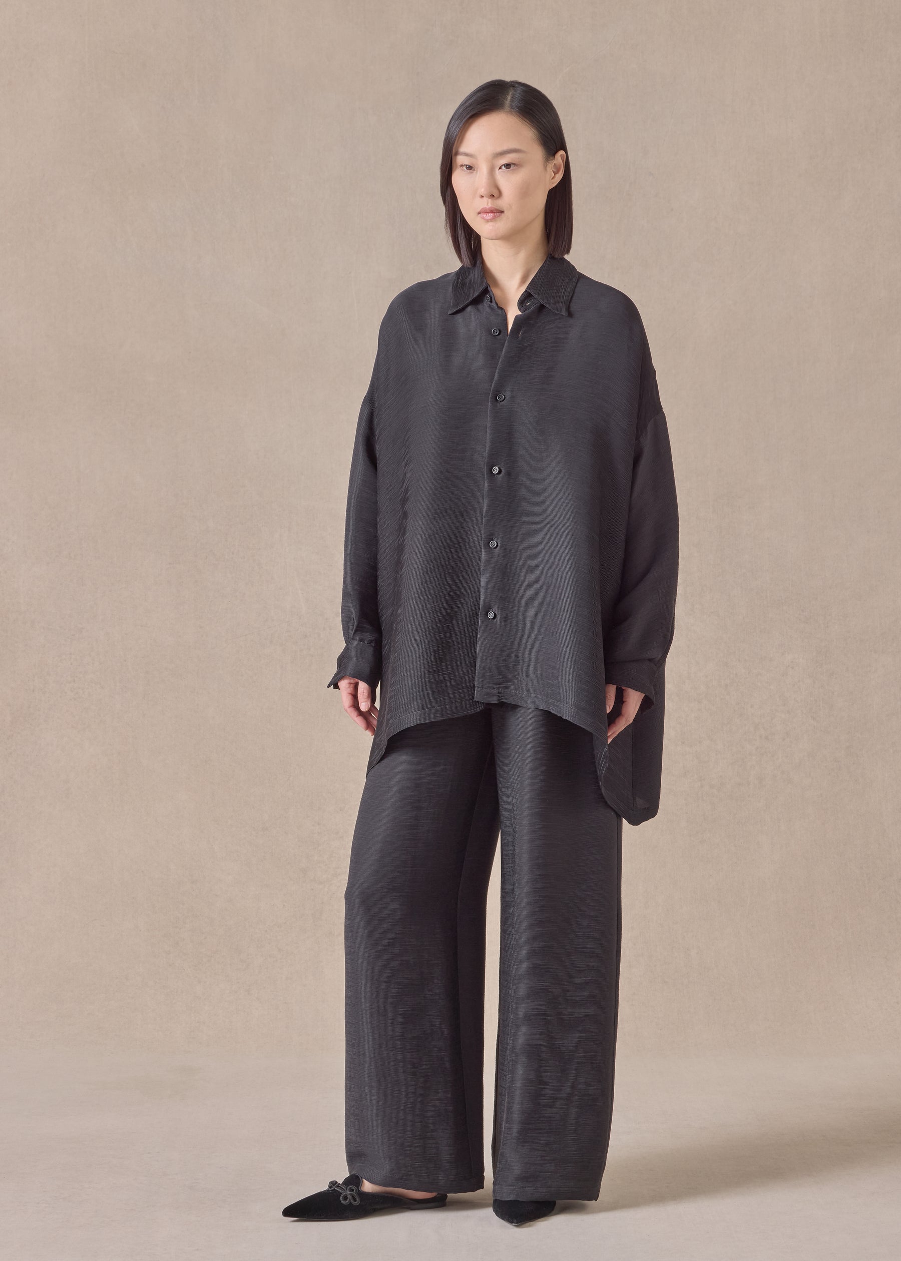 silk wide a-line shirt with collar - mid plus
