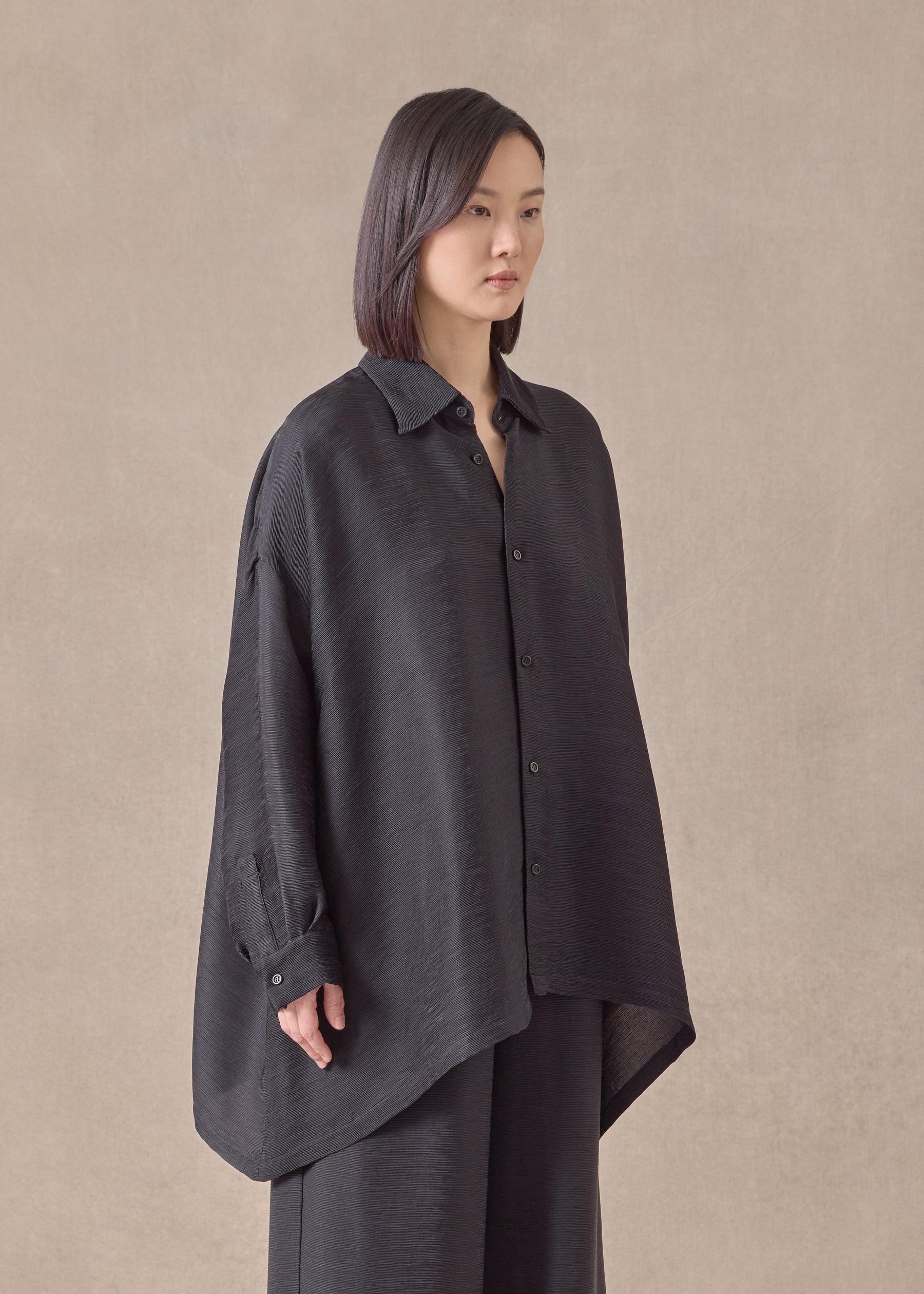 silk wide a-line shirt with collar - mid plus