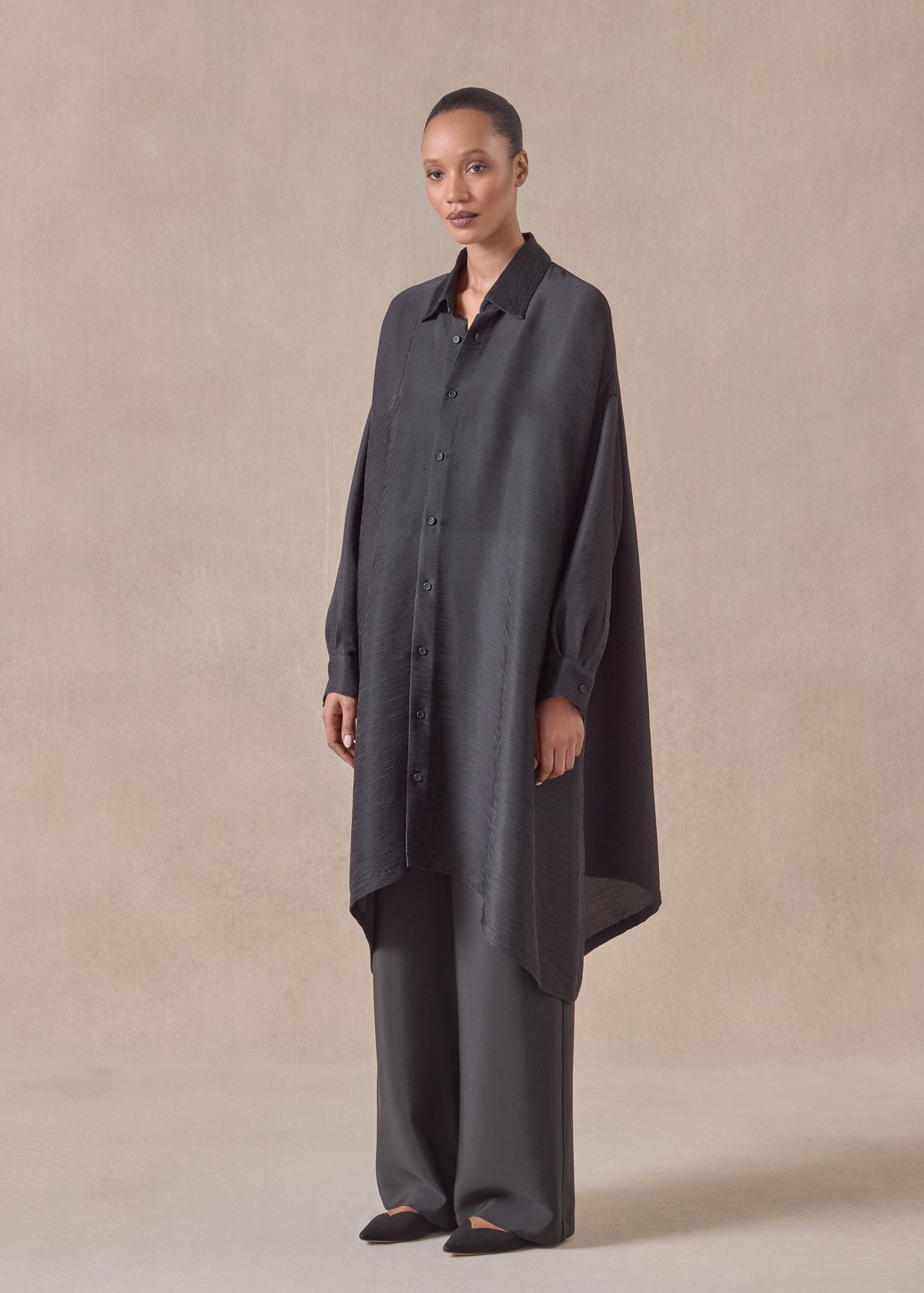 silk wide a-line shirt with collar - very long