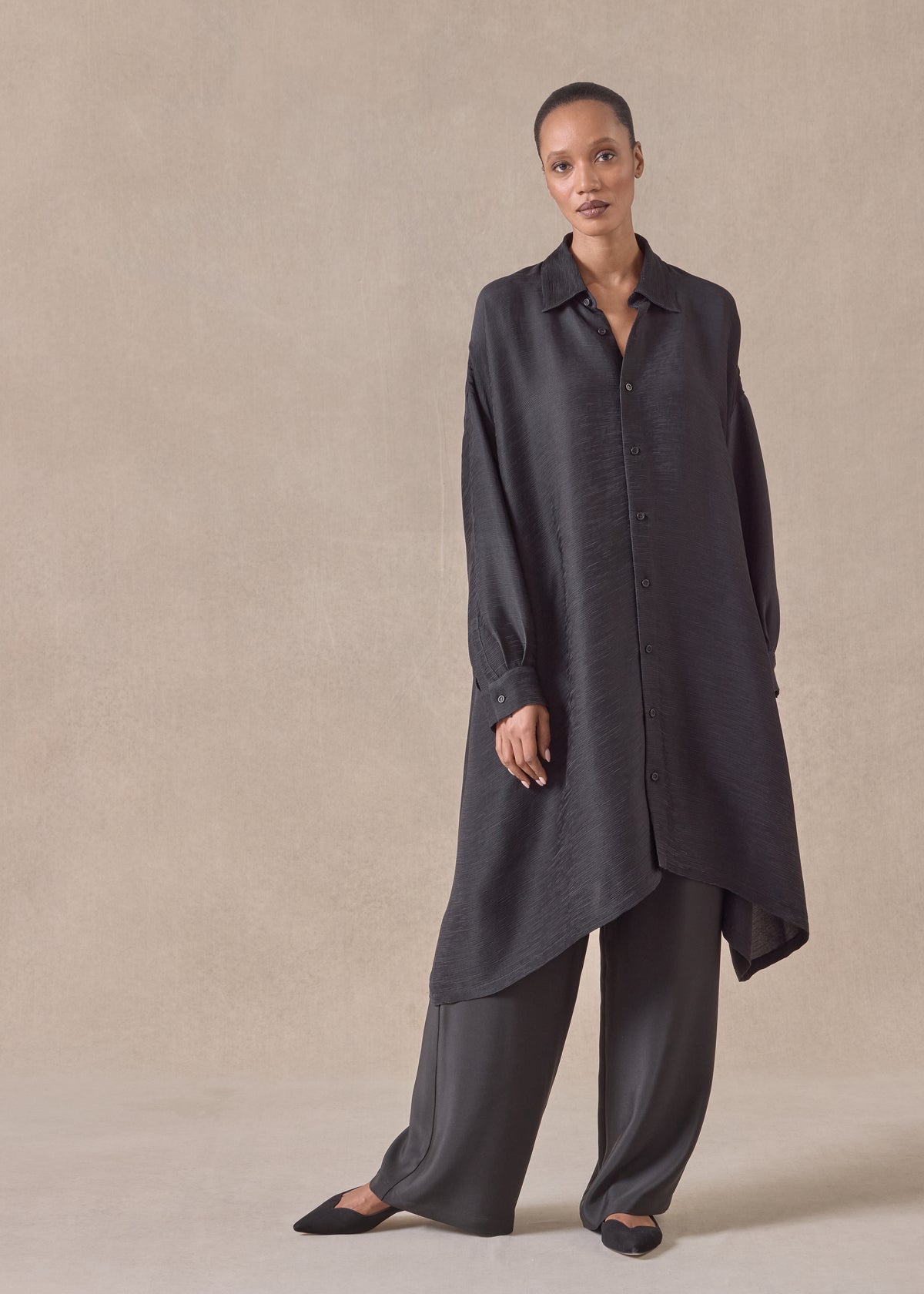silk wide a-line shirt with collar - very long