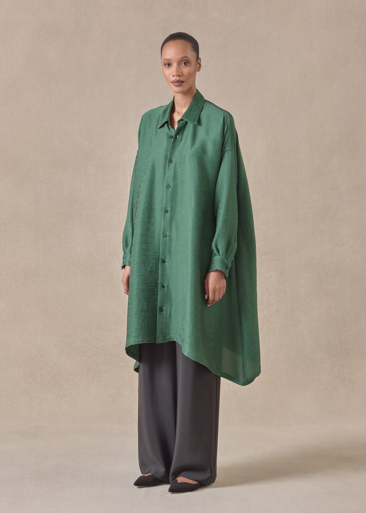 silk wide a-line shirt with collar - very long