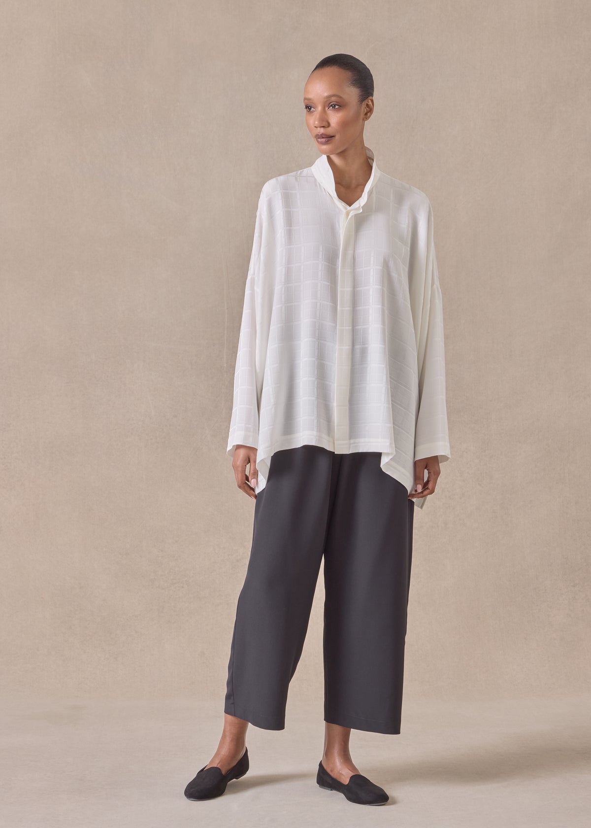 silk wide longer back double stand collar shirt - mid plus