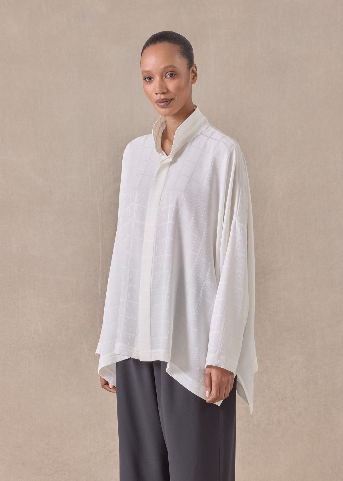 silk wide longer back double stand collar shirt - mid plus