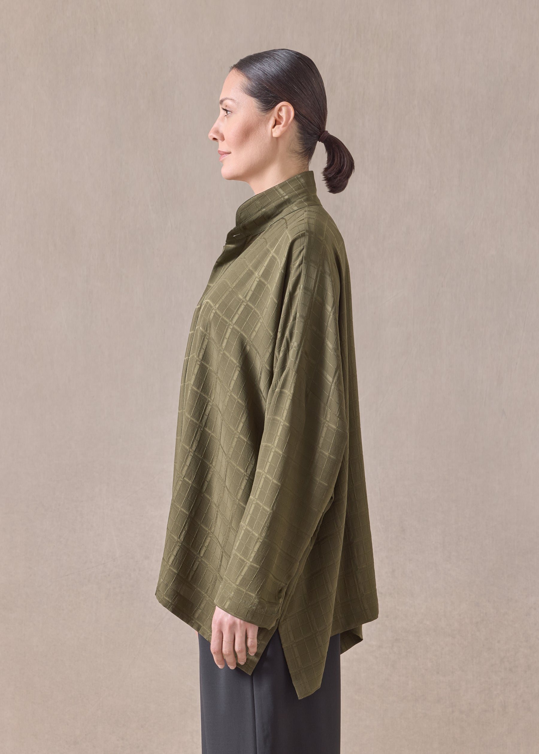 silk wide longer back double stand collar shirt - mid plus