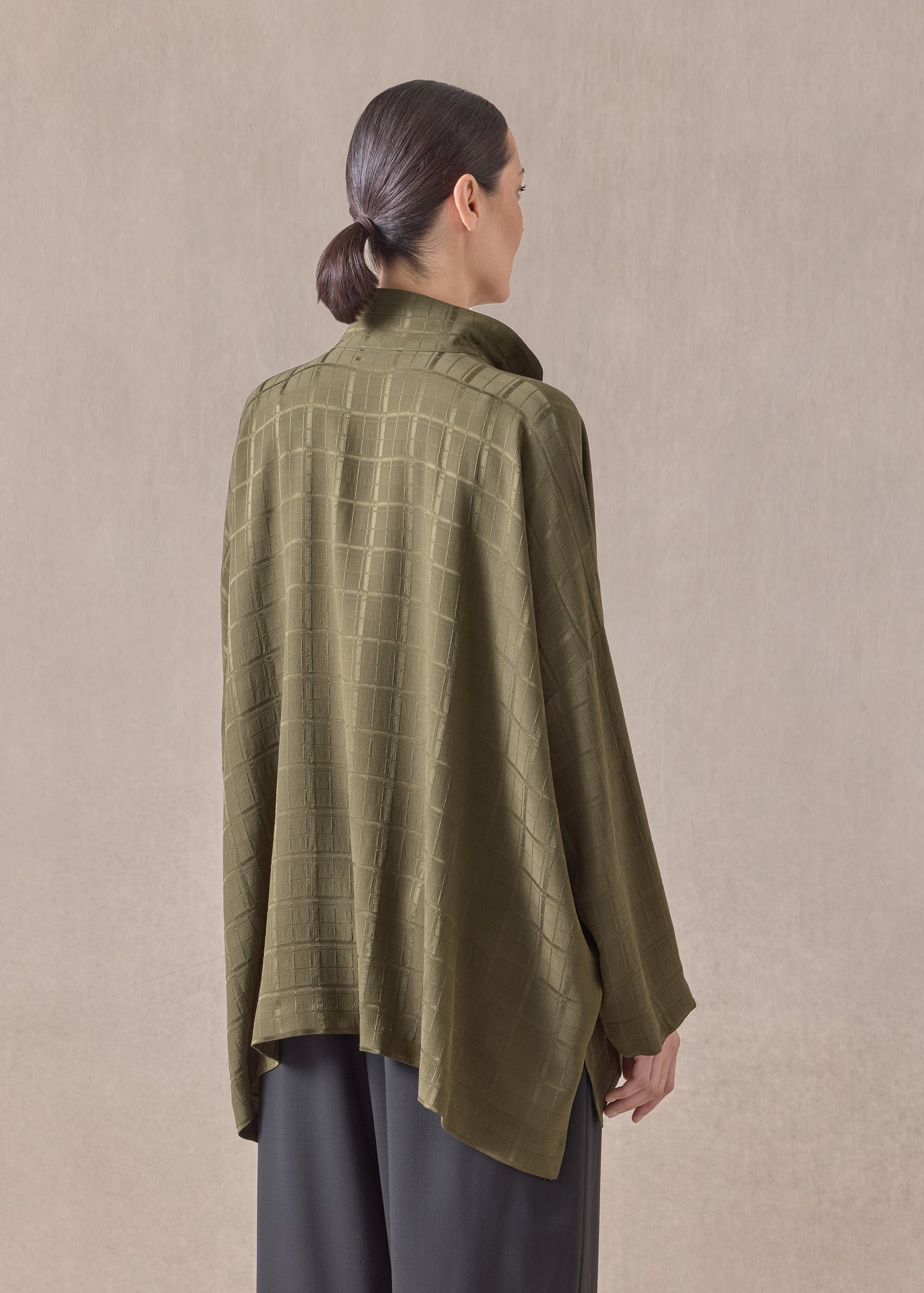 silk wide longer back double stand collar shirt - mid plus