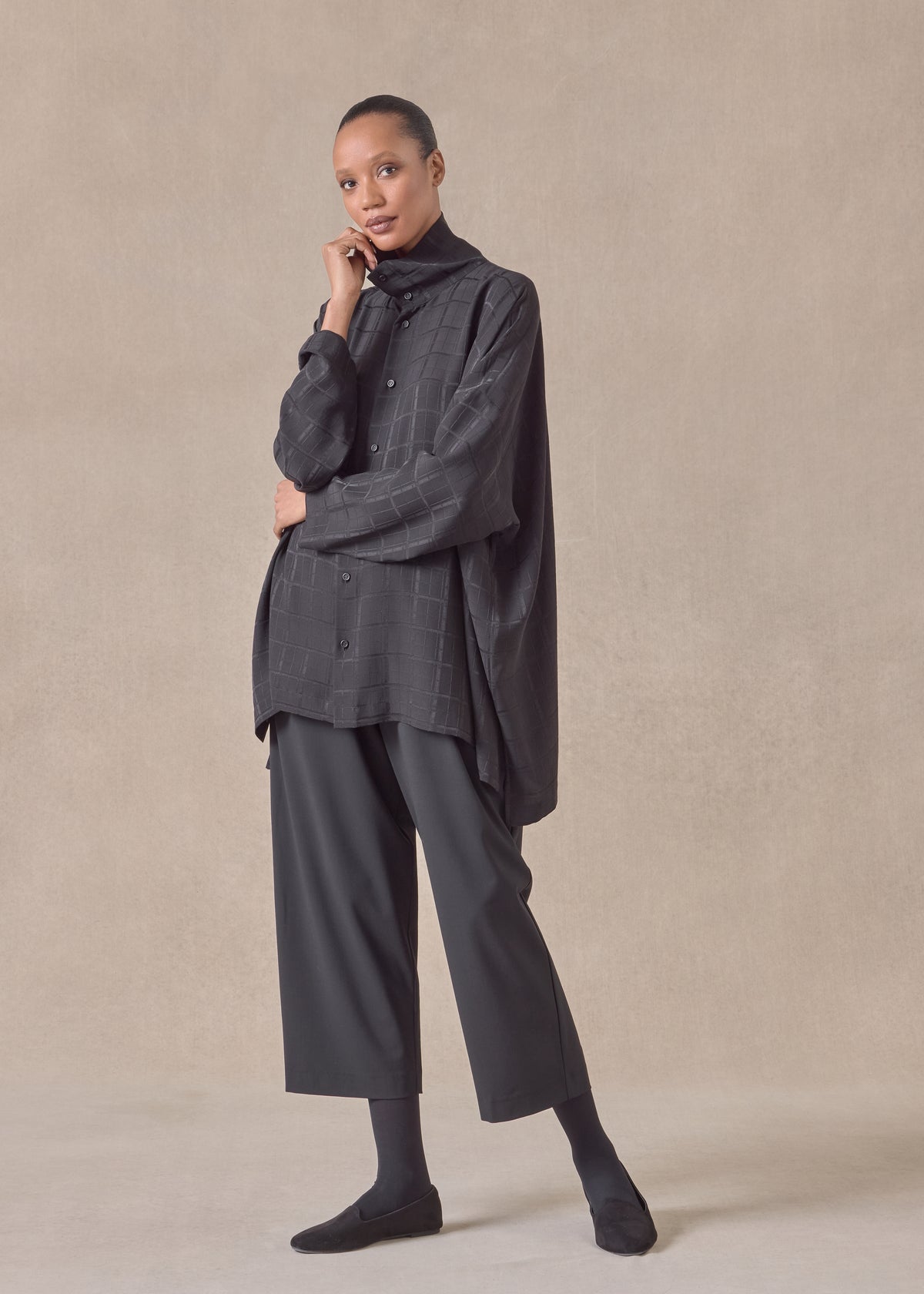 silk wide longer back scrunch neck shirt - long