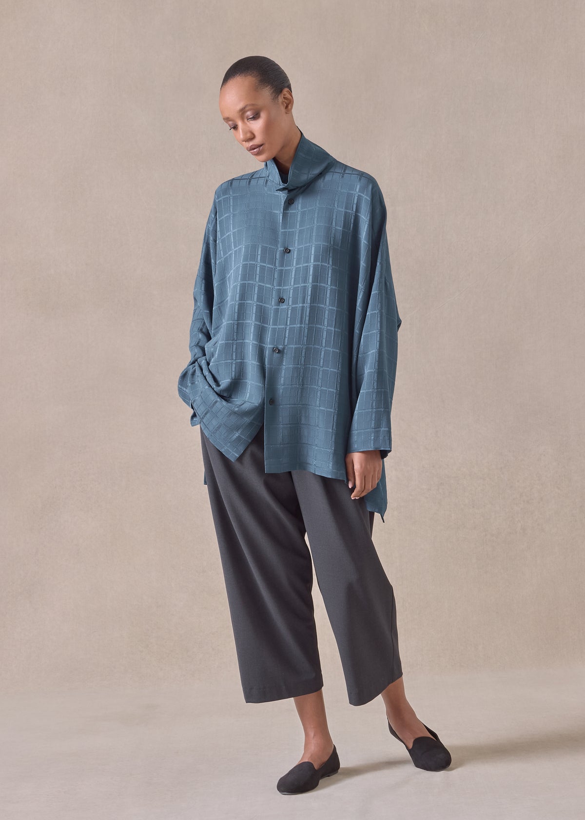 silk wide longer back scrunch neck shirt - long