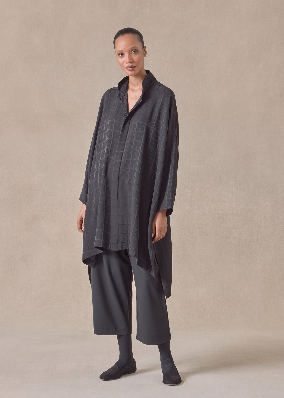 silk wide longer back double stand collar shirt - very long with slits