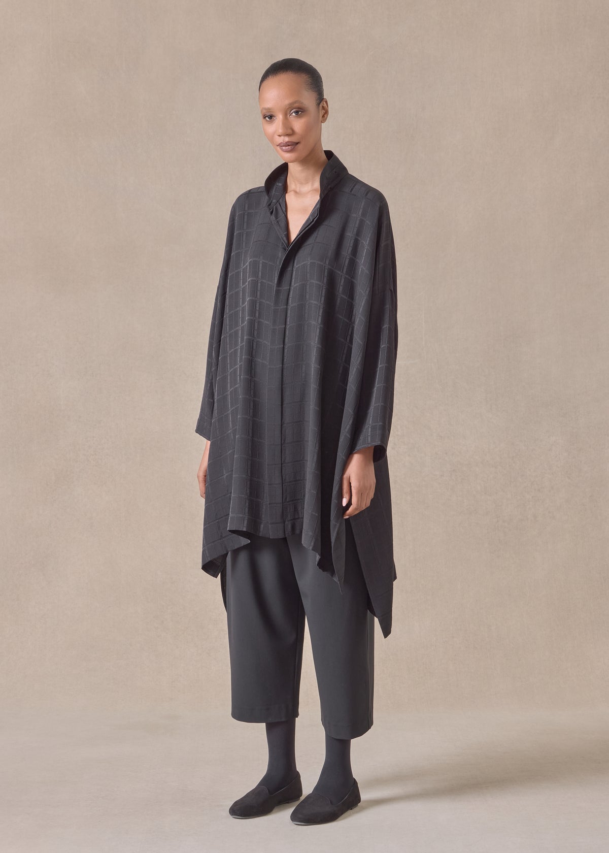 silk wide longer back double stand collar shirt - very long with slits