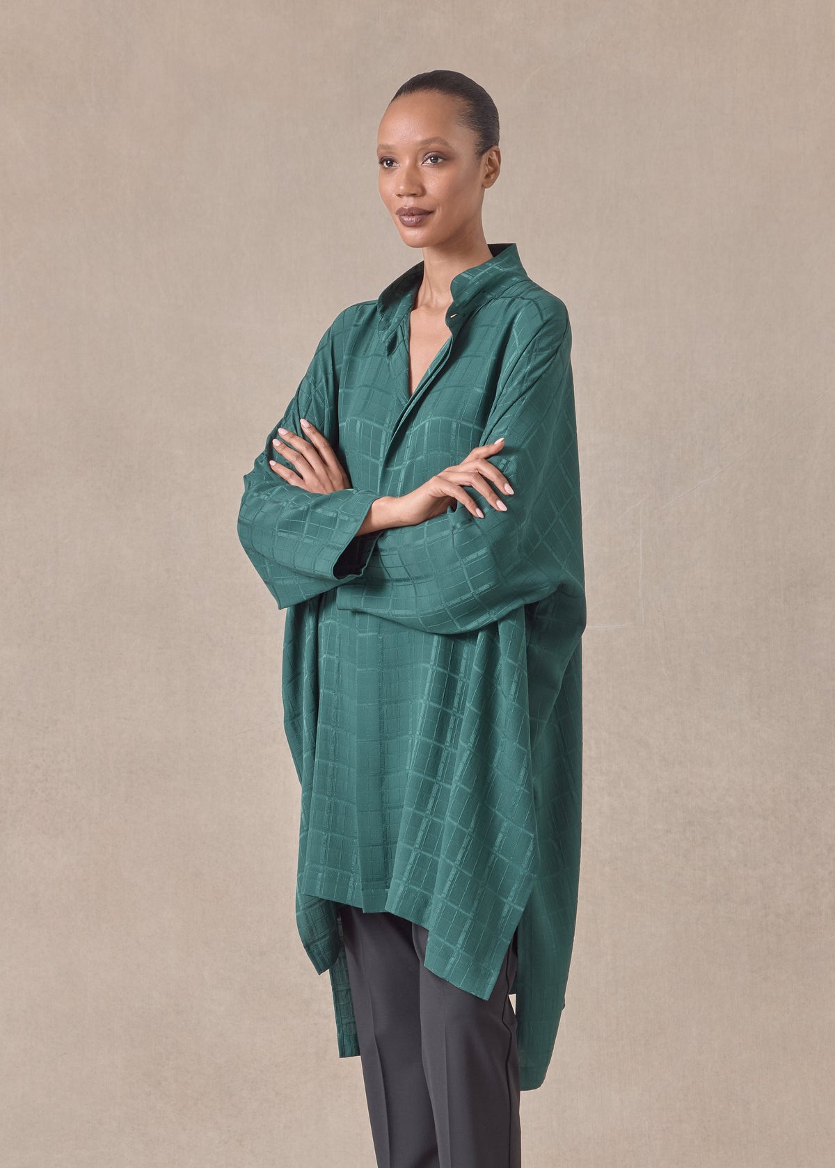 silk wide longer back double stand collar shirt - very long with slits (spruce)