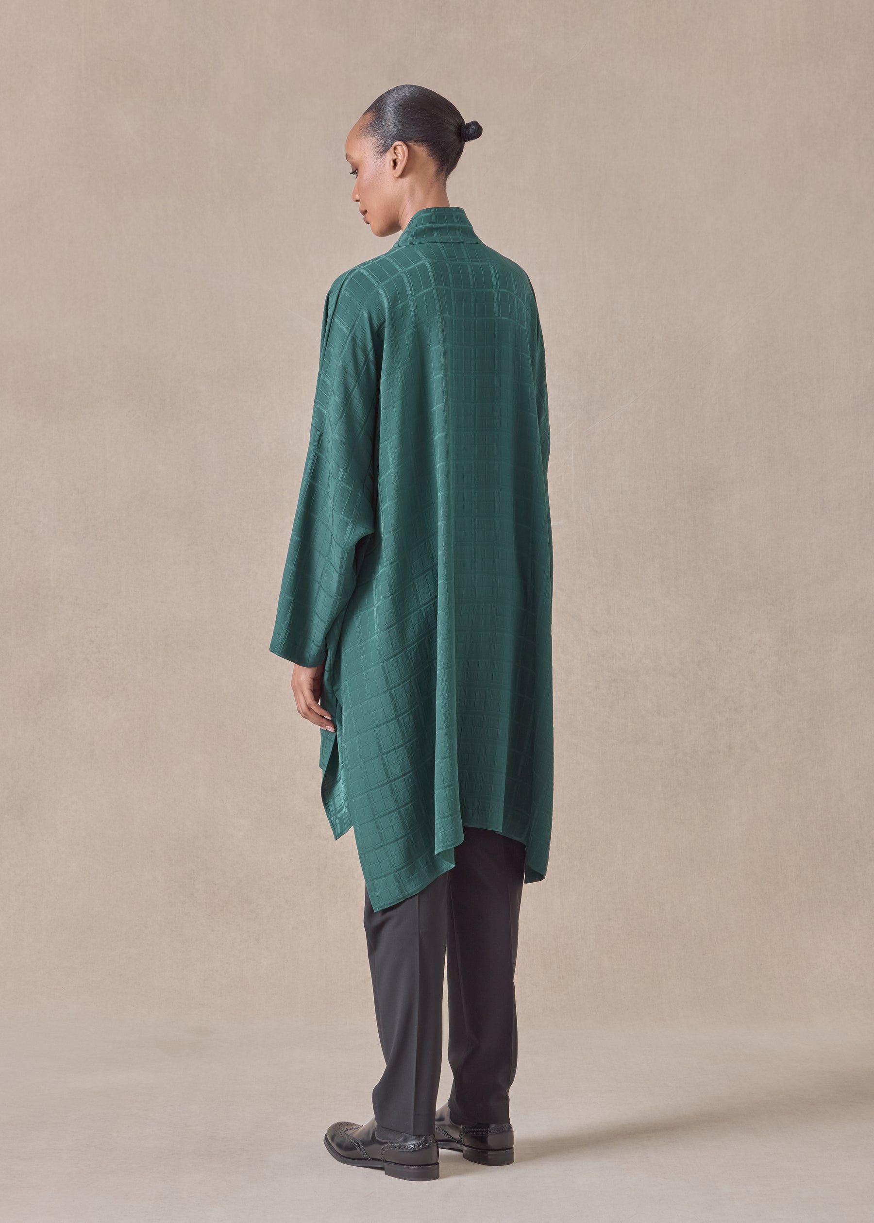 silk wide longer back double stand collar shirt - very long with slits
