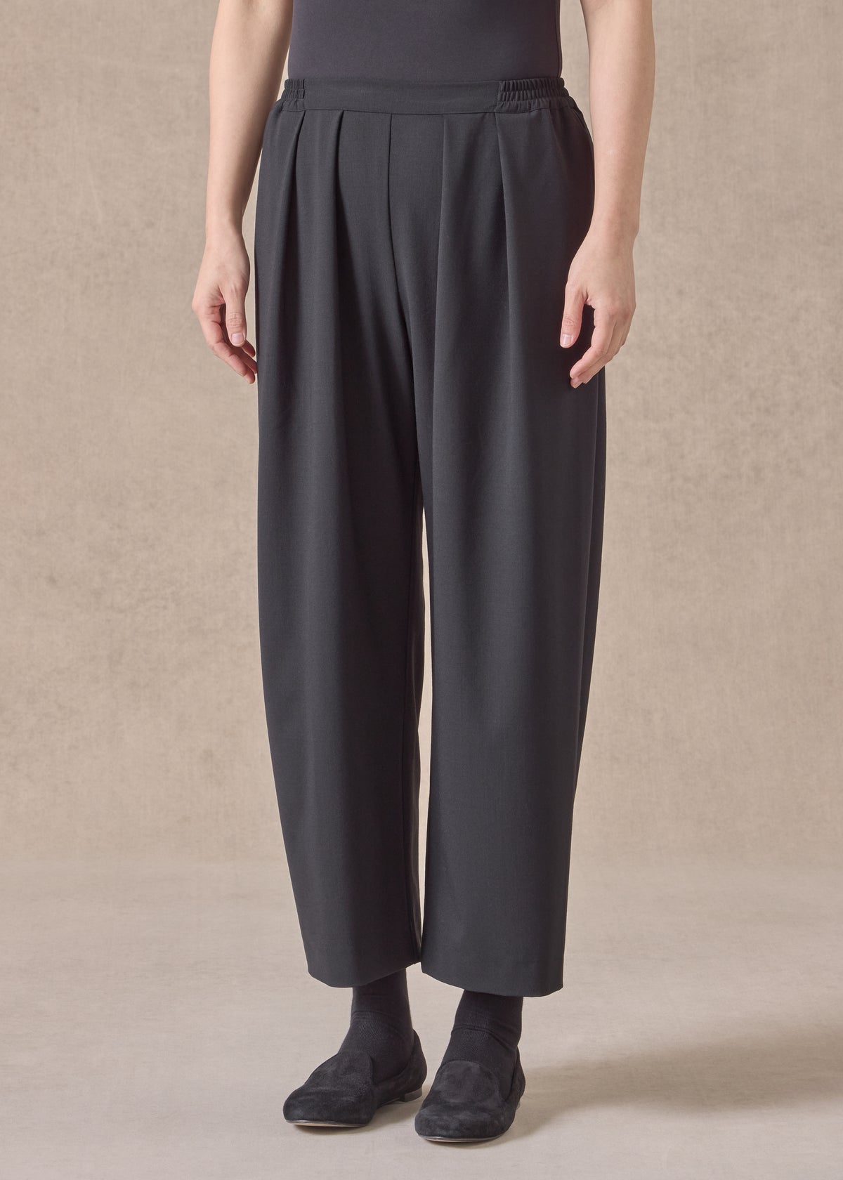 wool stretch cropped flat front pleated trouser
