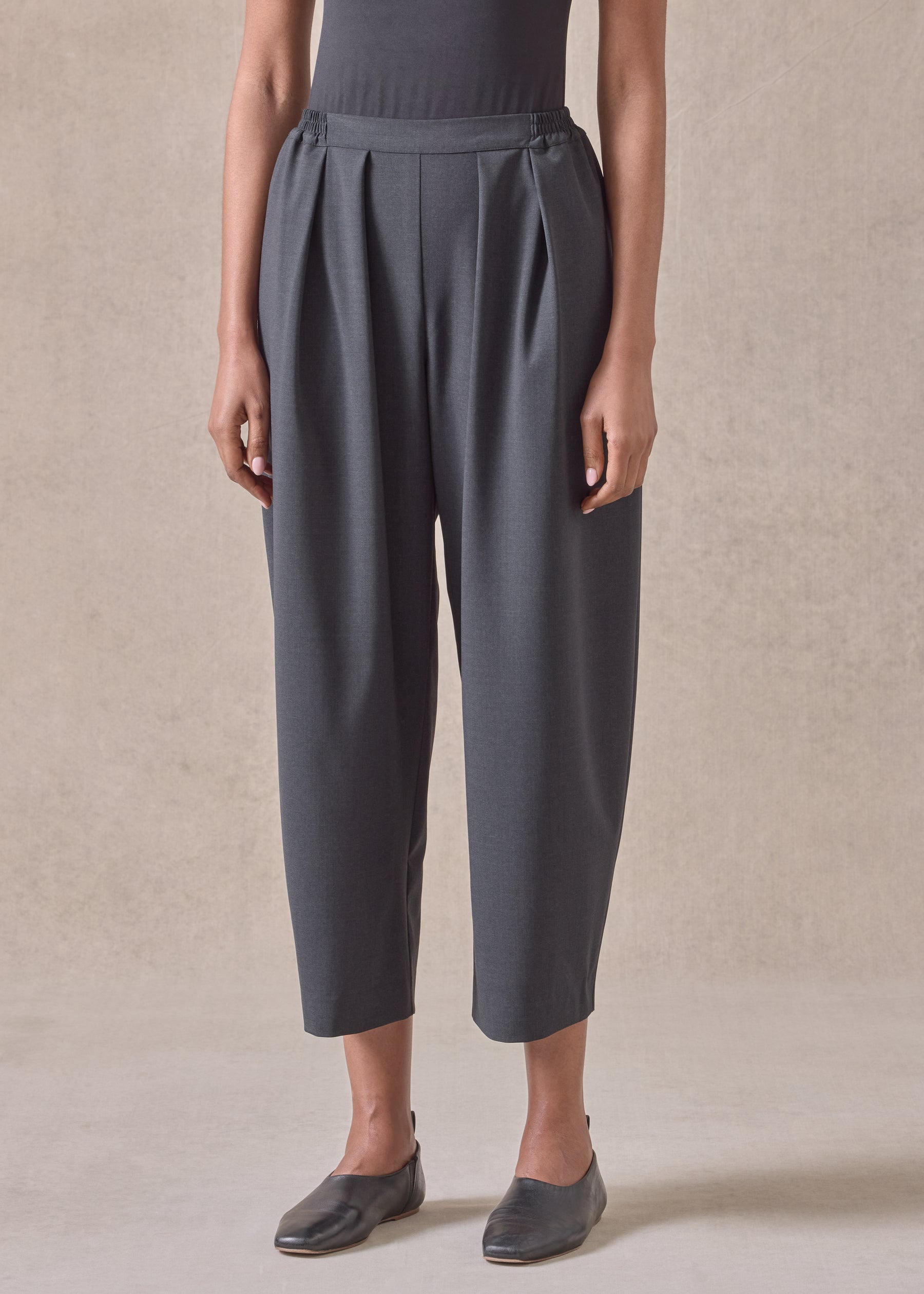 wool stretch cropped flat front pleated trouser