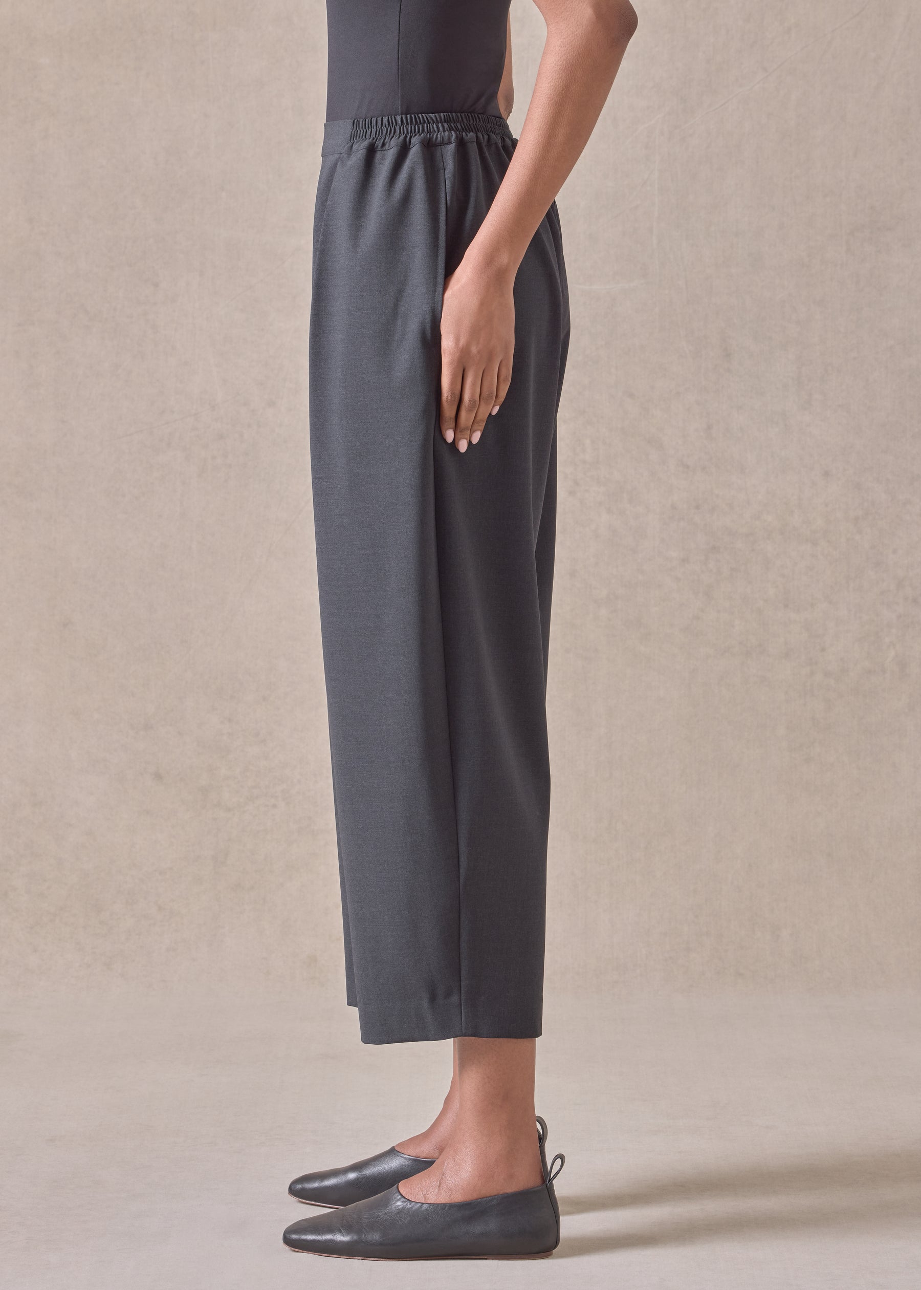 wool cropped flat front pleated trouser