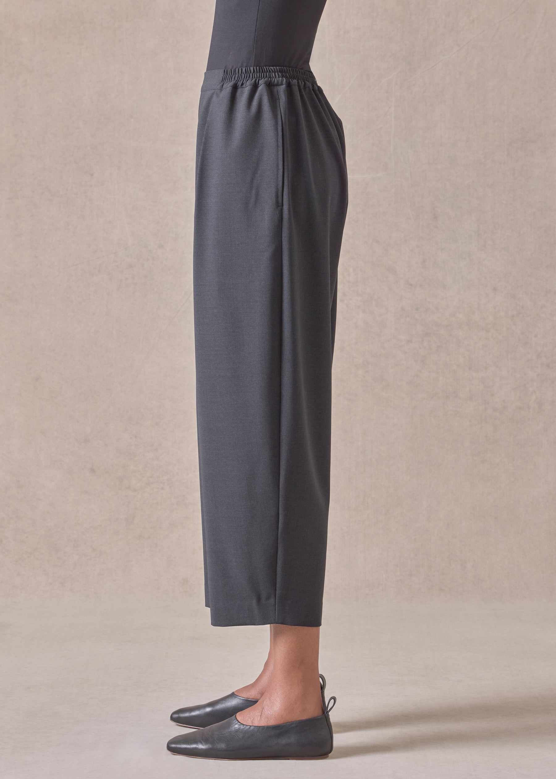wool cropped flat front pleated trouser