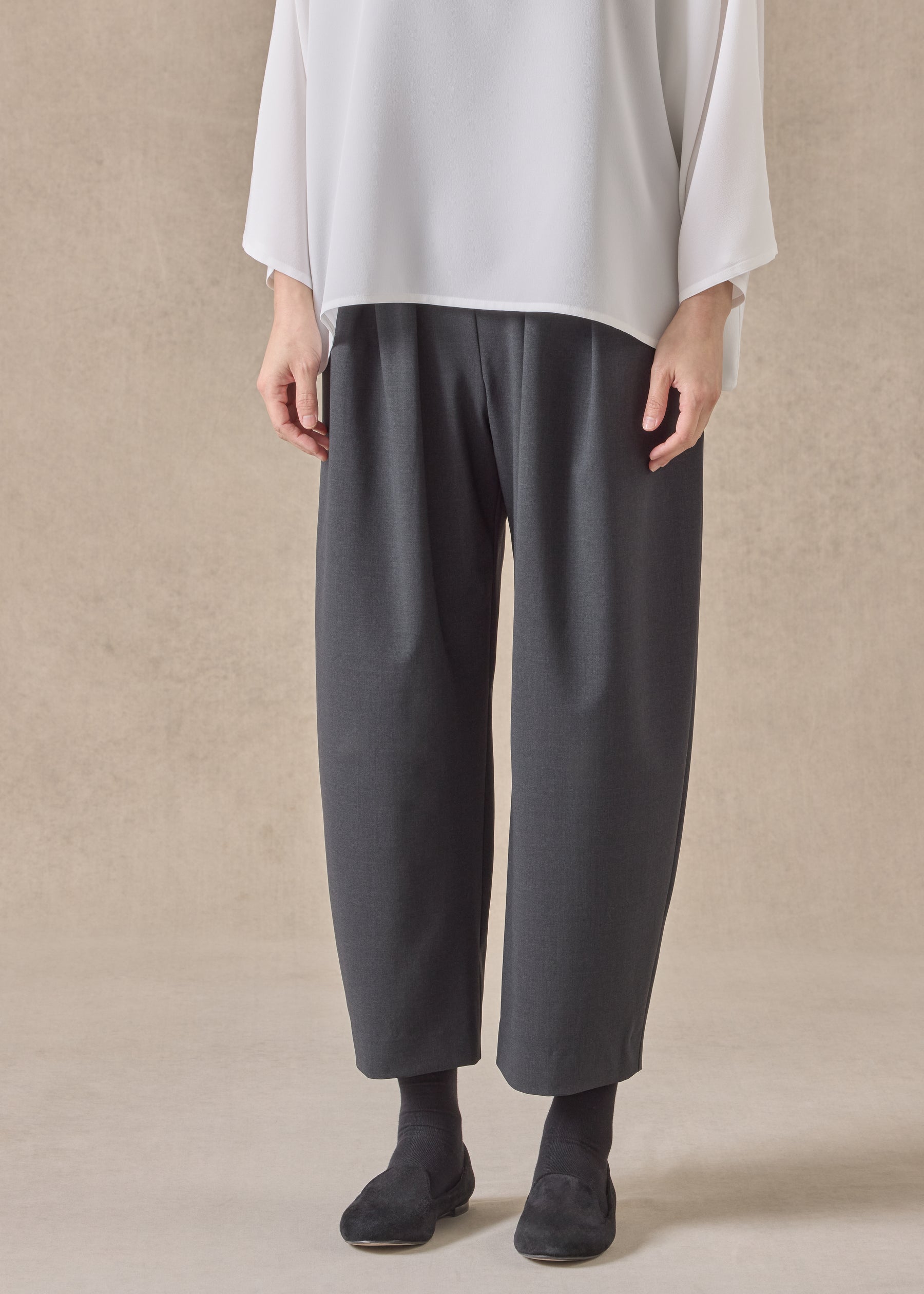 wool stretch cropped flat front pleated trouser