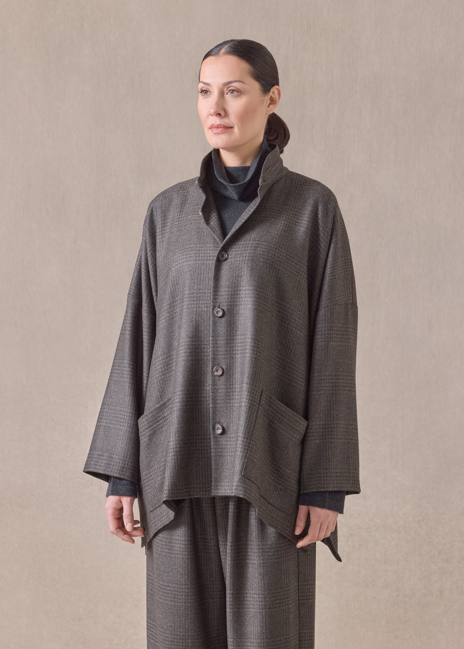 cashmere silk mix wide longer back double stand collar jacket - long