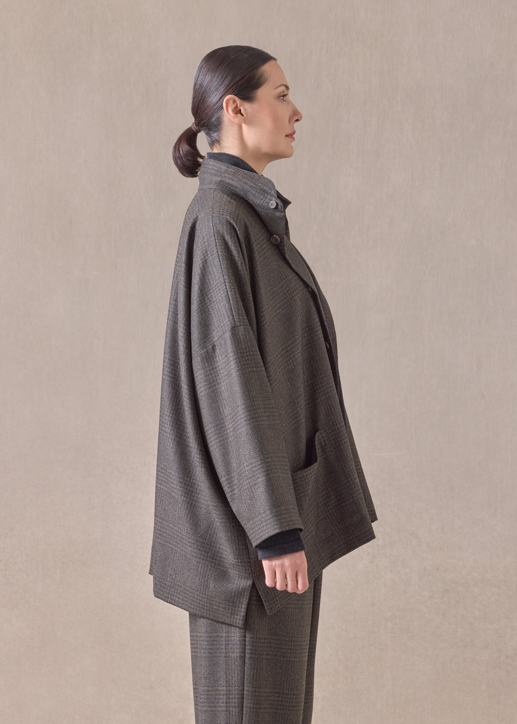 cashmere silk mix wide longer back double stand collar jacket - long