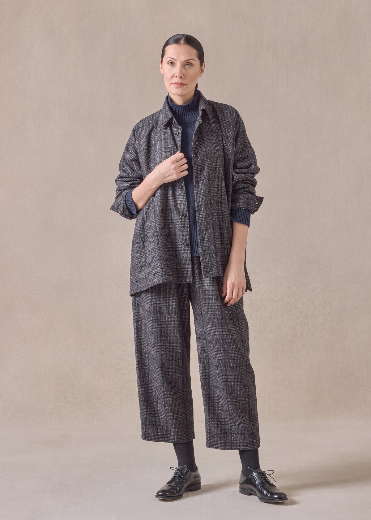 cashmere silk wool mix wide a-line shirt jacket with collar - mid plus (brownink)