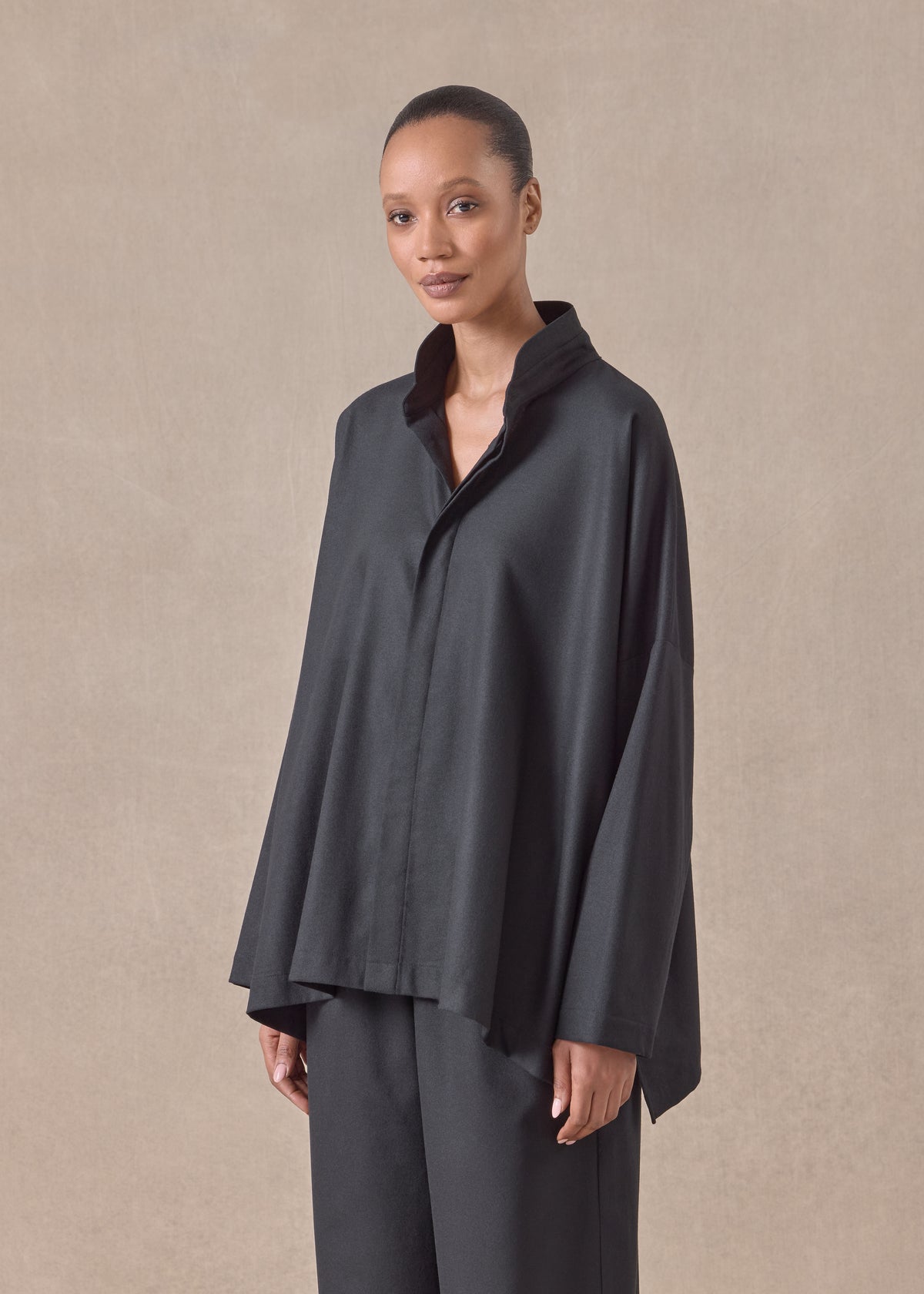 wool cashmere mix wide longer back shirt with double stand collar - mid plus