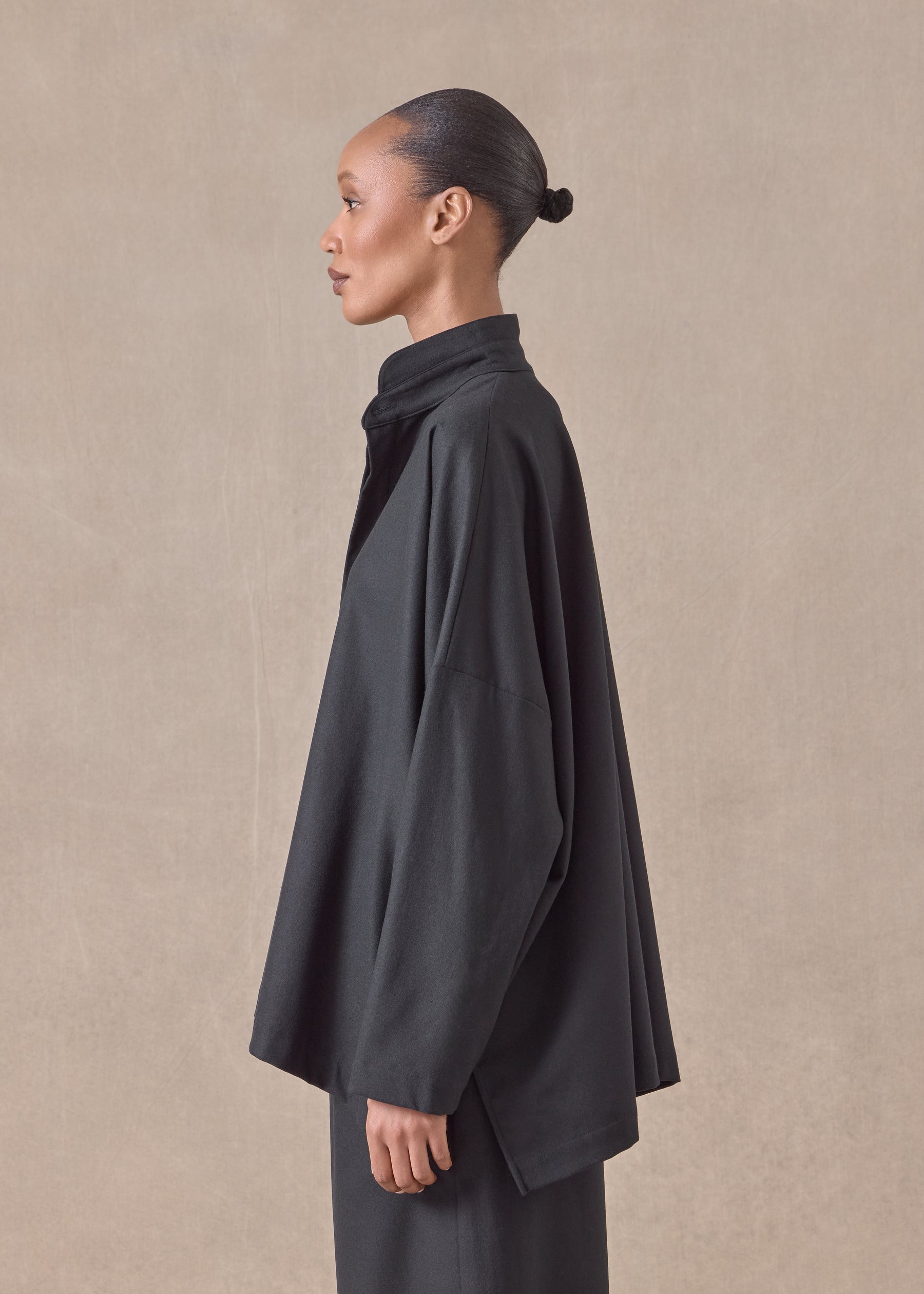wool cashmere mix wide longer back shirt with double stand collar - mid plus