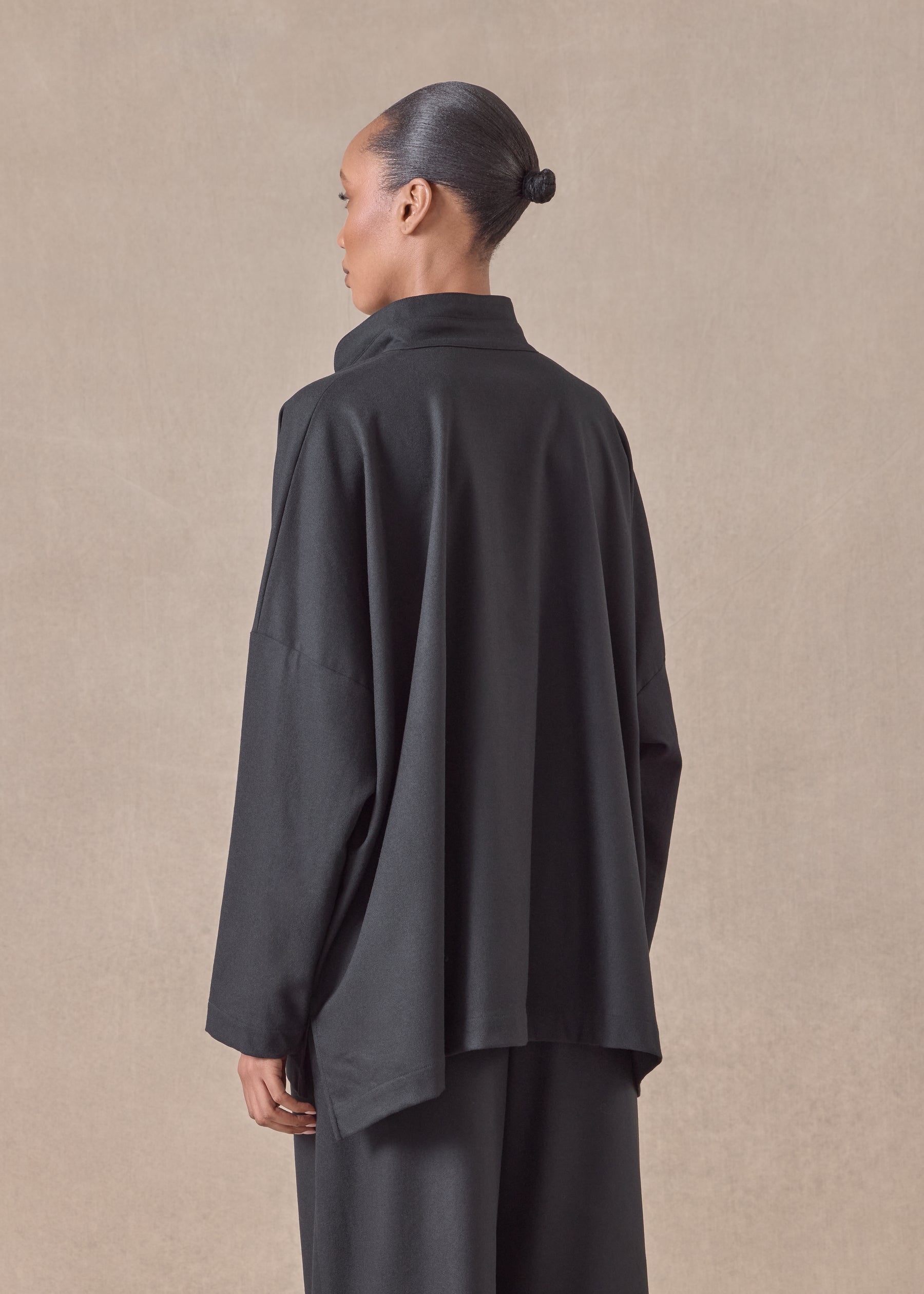 wool cashmere mix wide longer back shirt with double stand collar - mid plus
