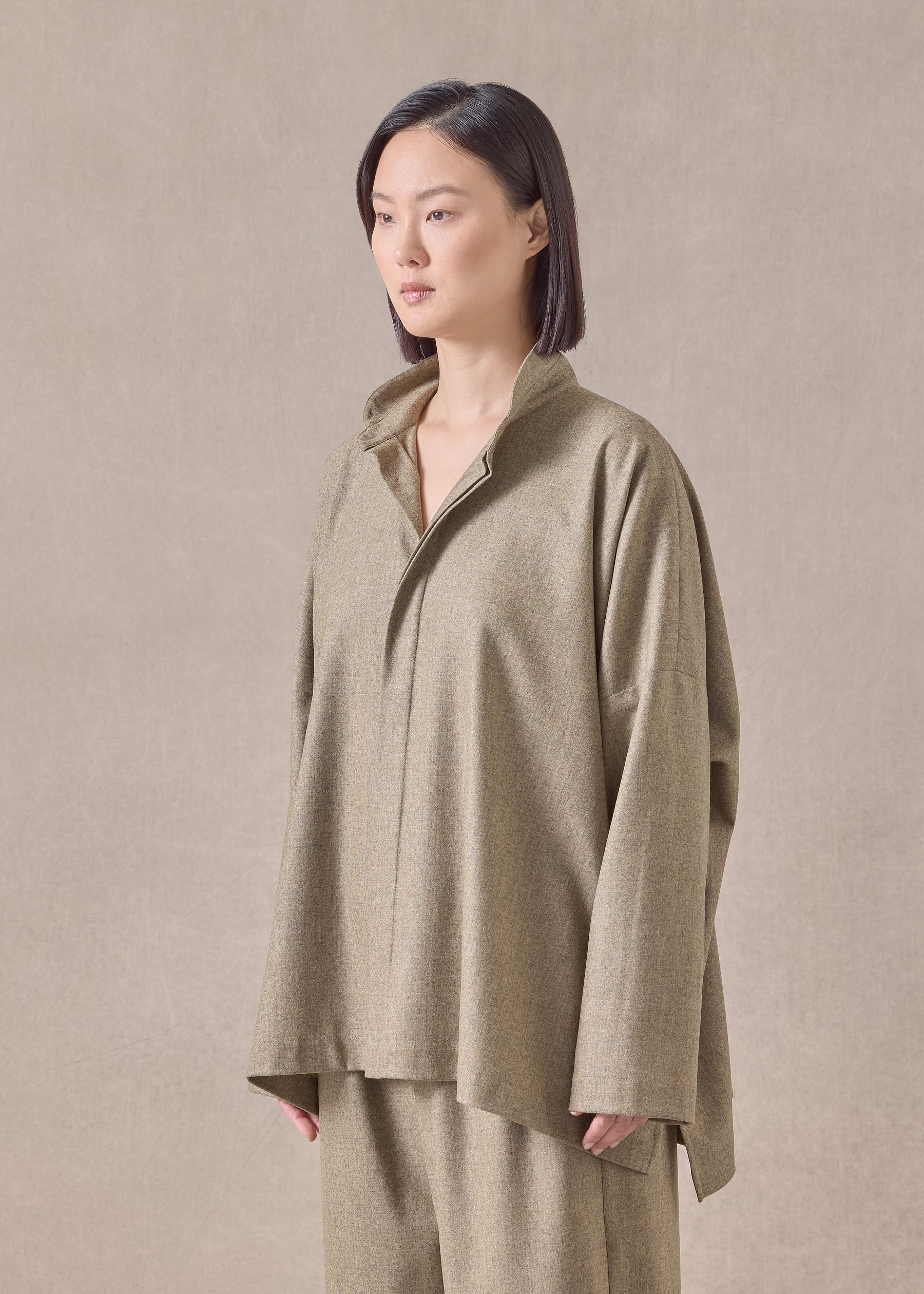 cashmere wool mix wide longer back shirt with double stand collar - mid plus