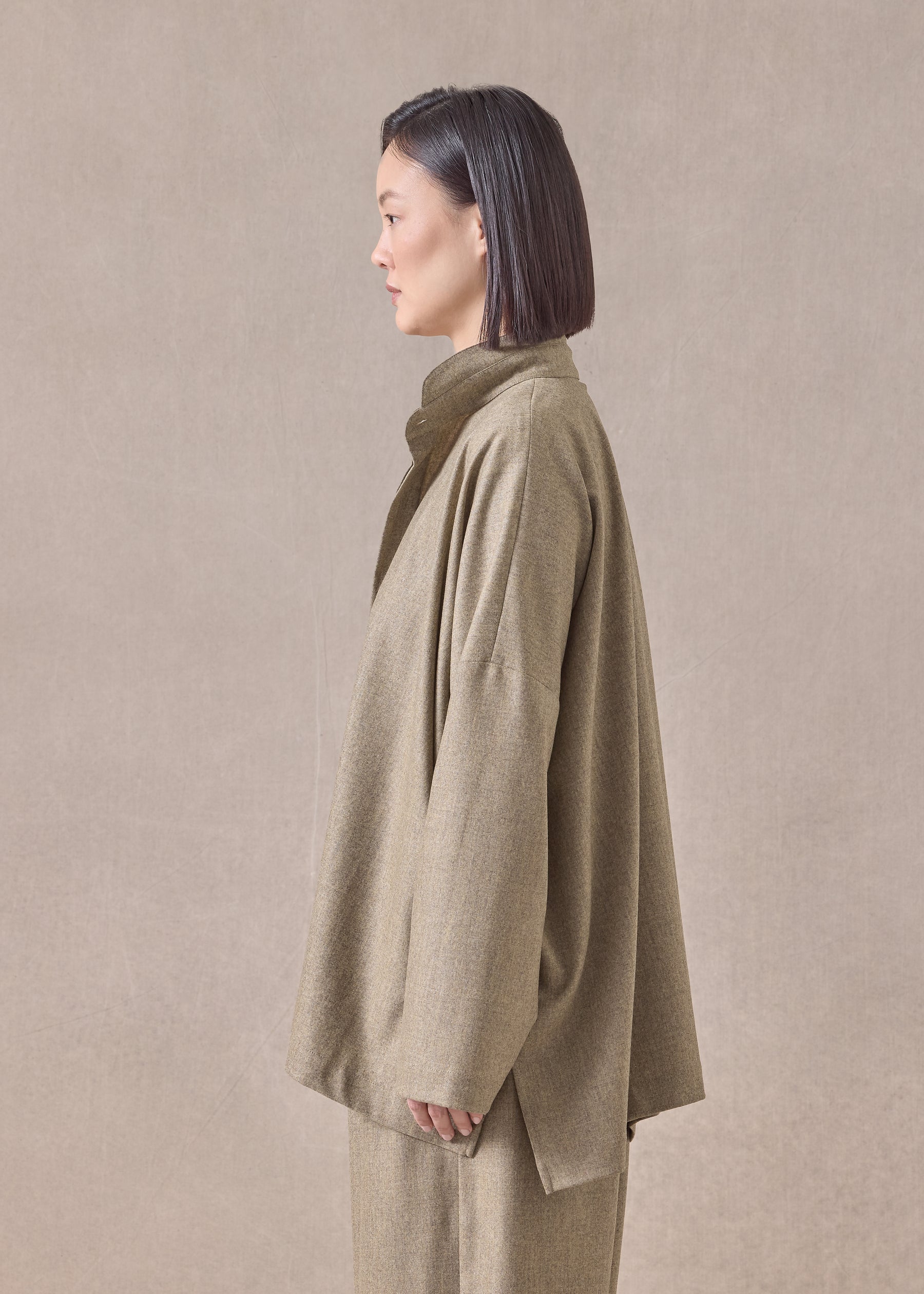 cashmere wool mix wide longer back shirt with double stand collar - mid plus