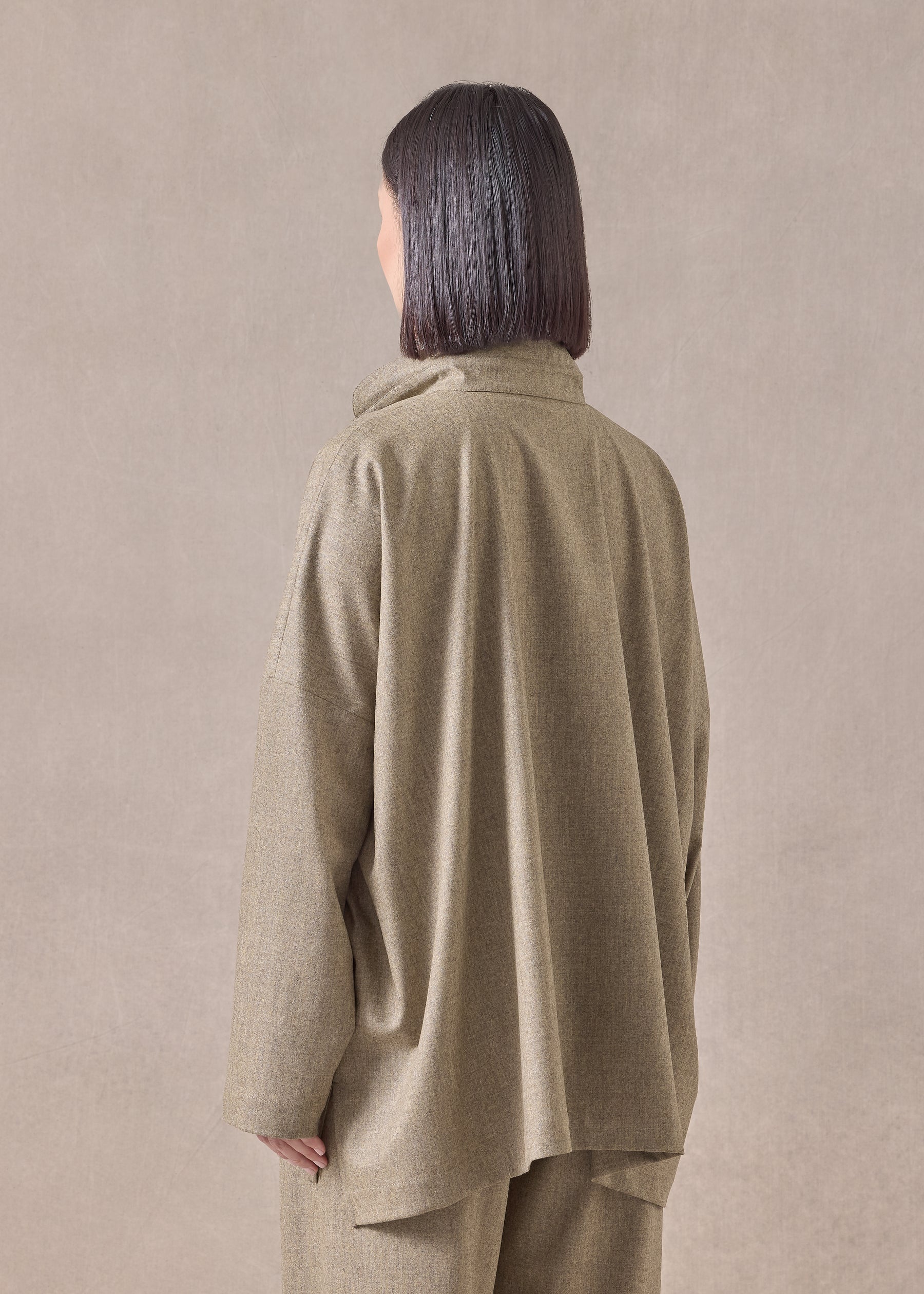 cashmere wool mix wide longer back shirt with double stand collar - mid plus
