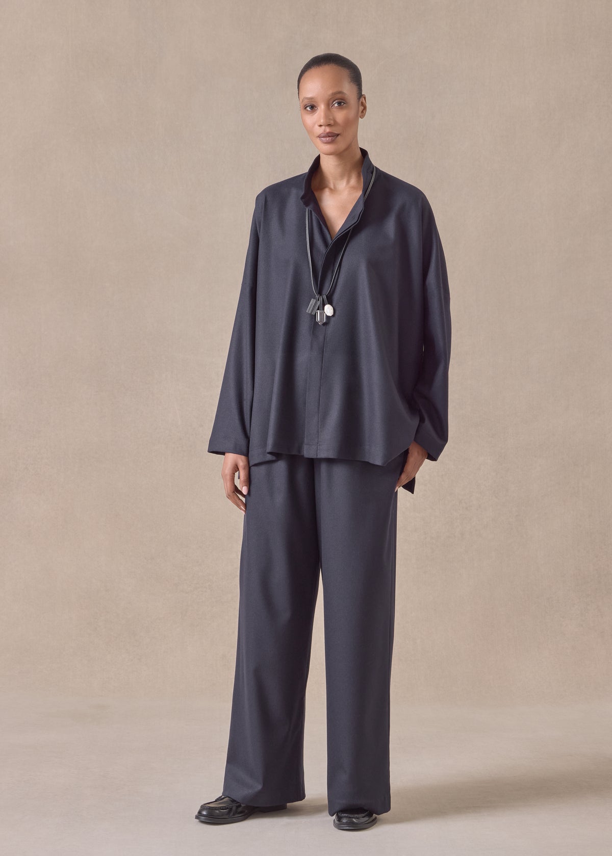 wool cashmere mix wide longer back shirt with double stand collar - mid plus