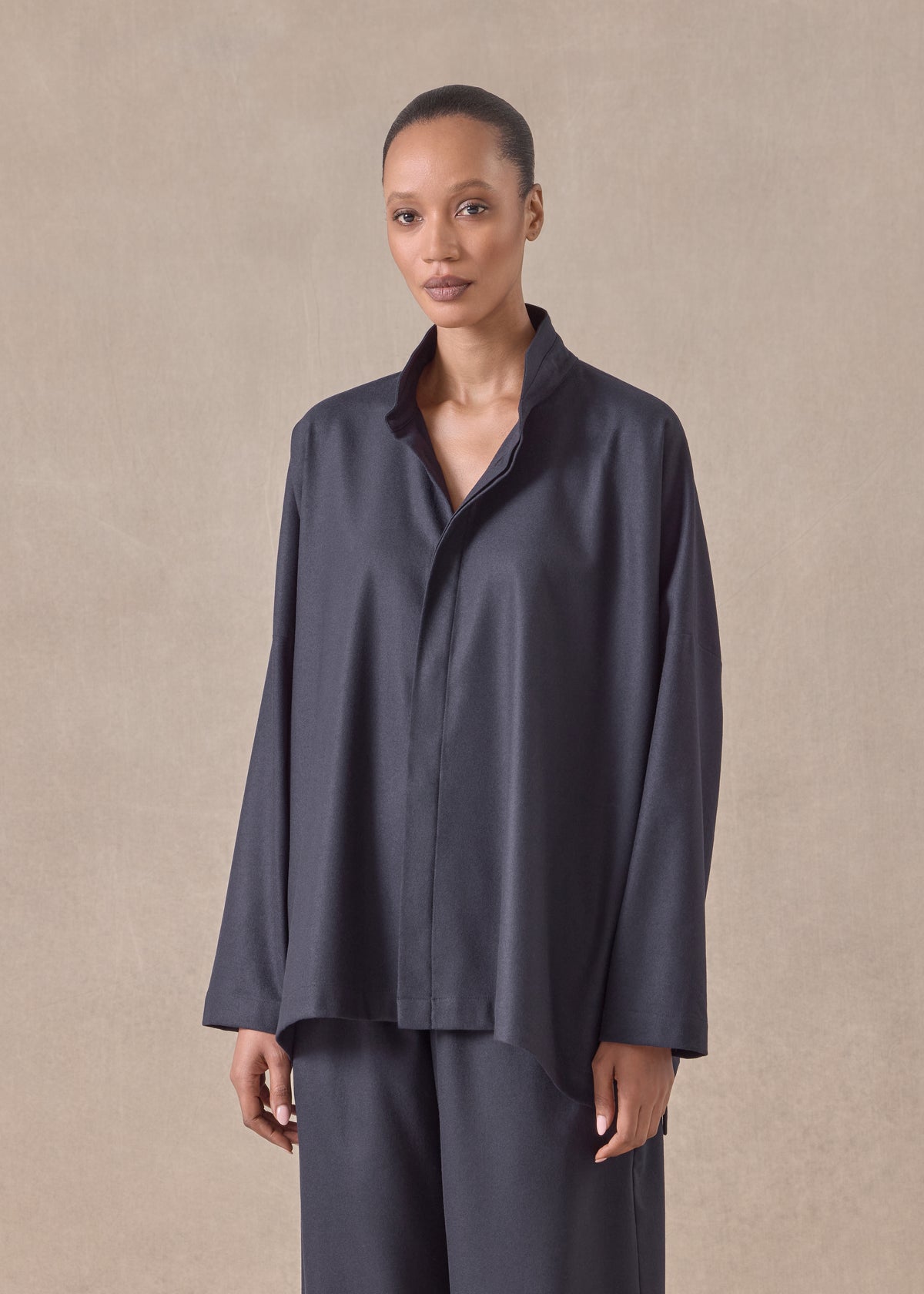 wool cashmere mix wide longer back shirt with double stand collar - mid plus