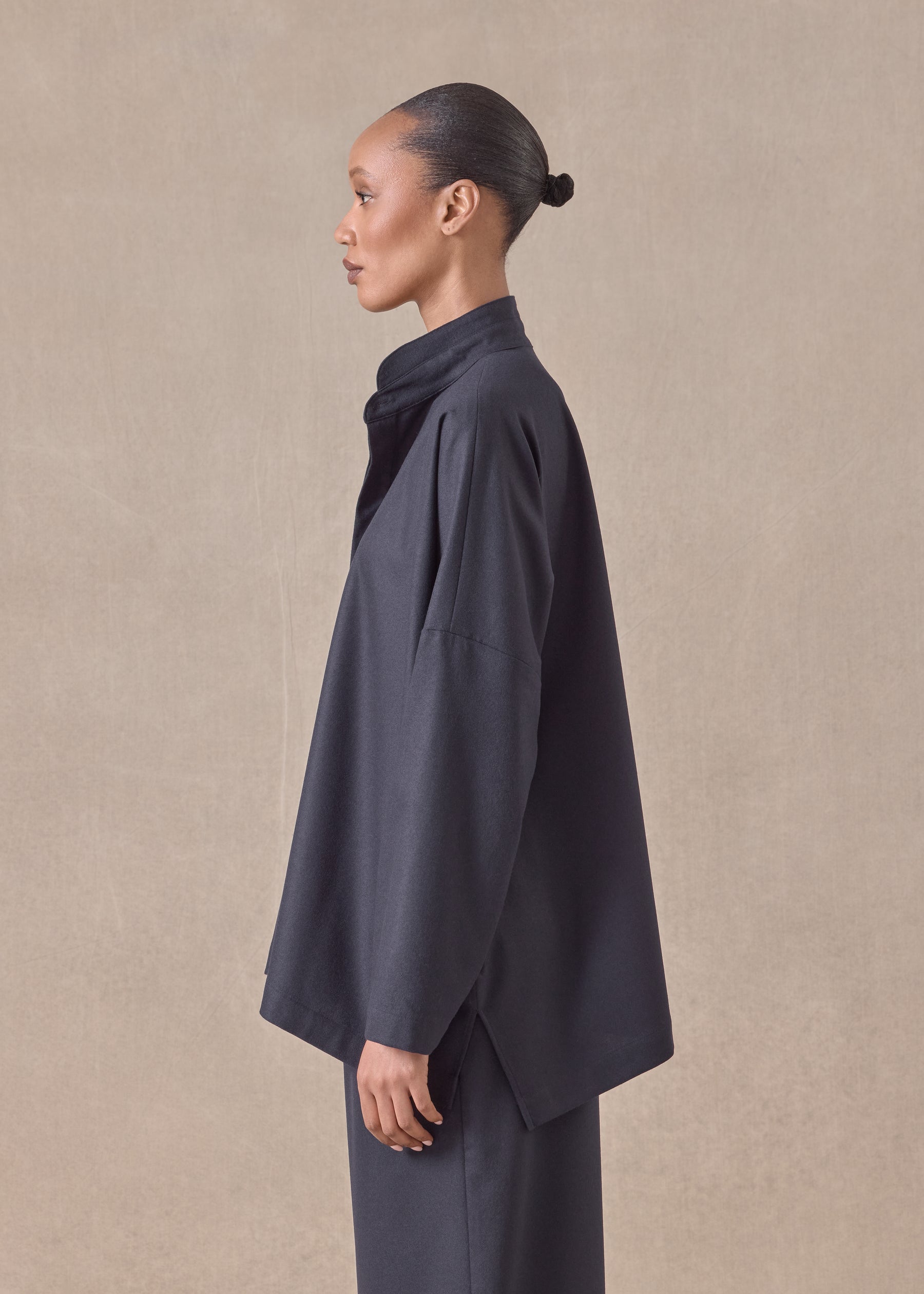 wool cashmere mix wide longer back shirt with double stand collar - mid plus