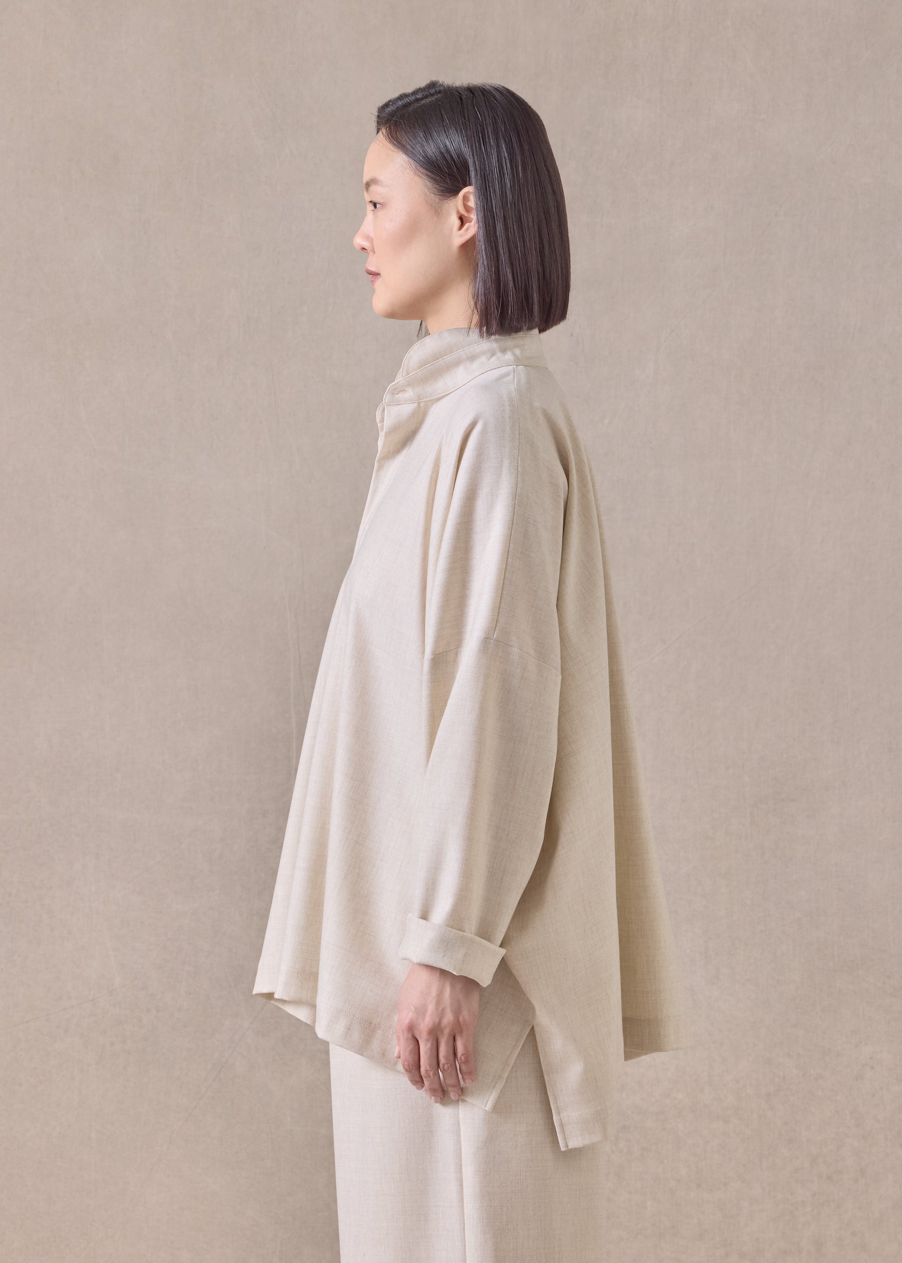 cashmere wool mix wide longer back shirt with double stand collar - mid plus