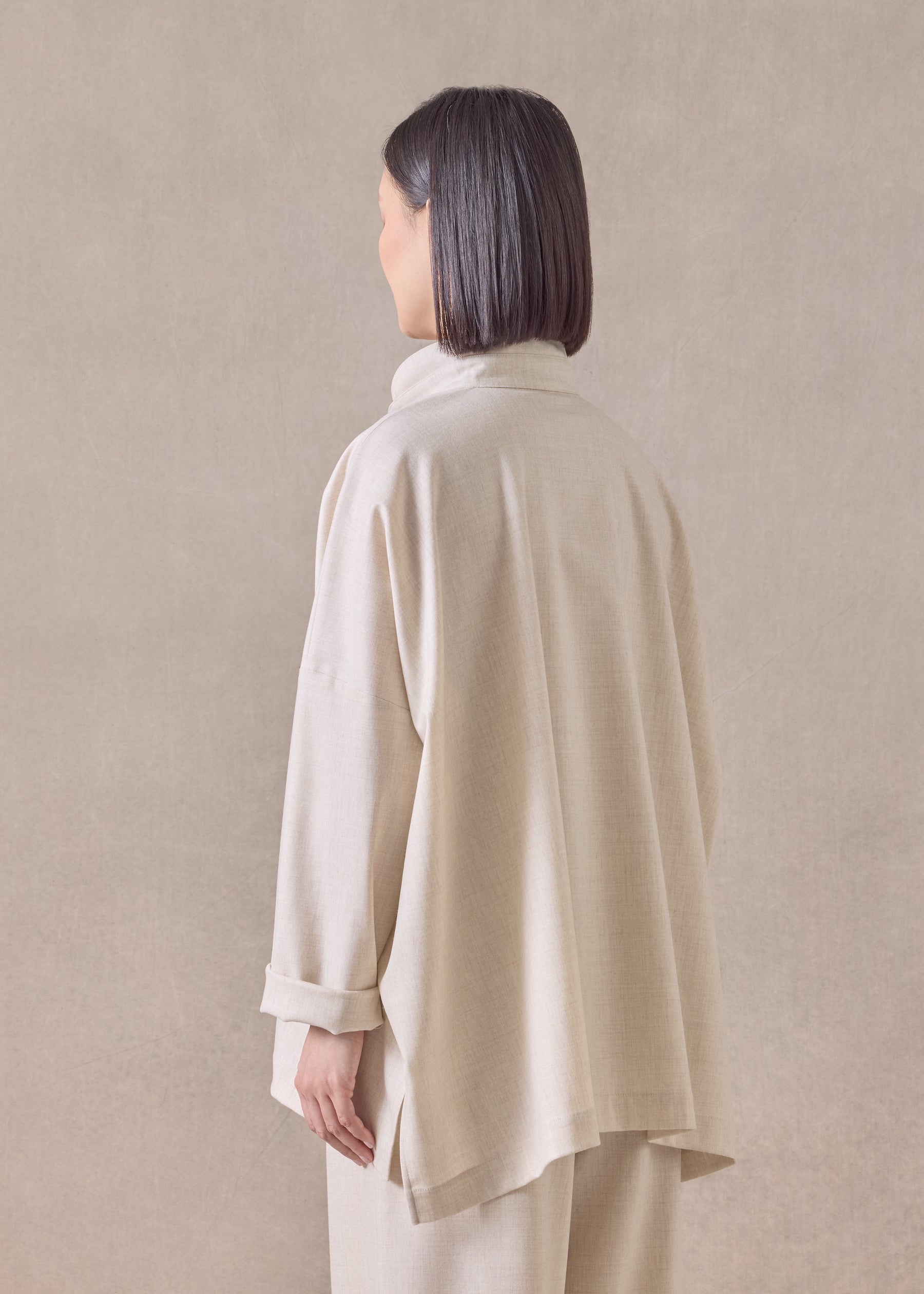 cashmere wool mix wide longer back shirt with double stand collar - mid plus