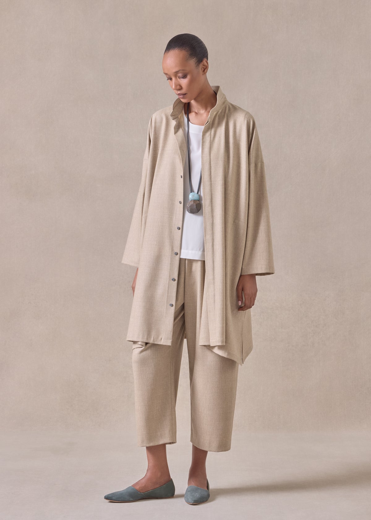 cashmere wool mix wide a-line shirt with double stand collar - very long