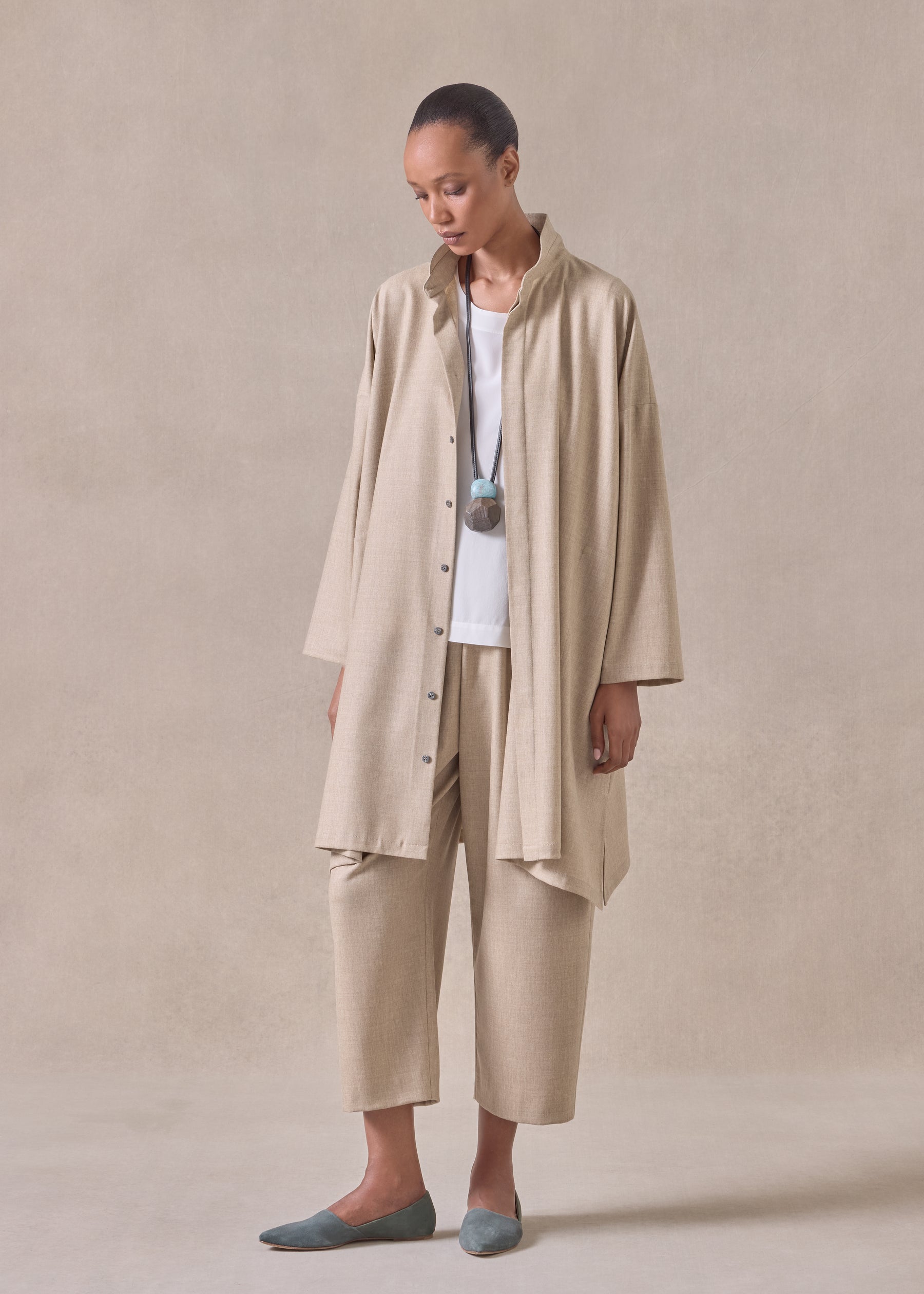 cashmere wool mix wide a-line shirt with double stand collar - very long