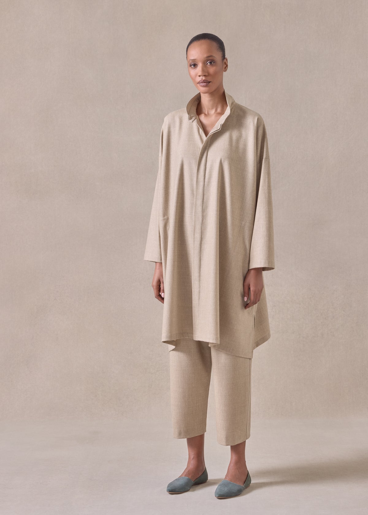 cashmere wool mix wide a-line shirt with double stand collar - very long