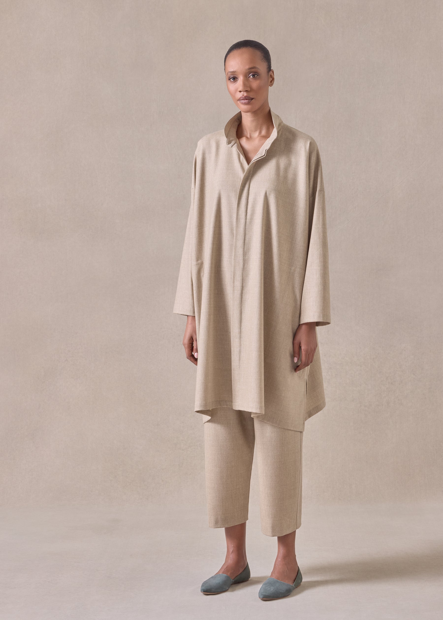 cashmere wool mix wide a-line shirt with double stand collar - very long