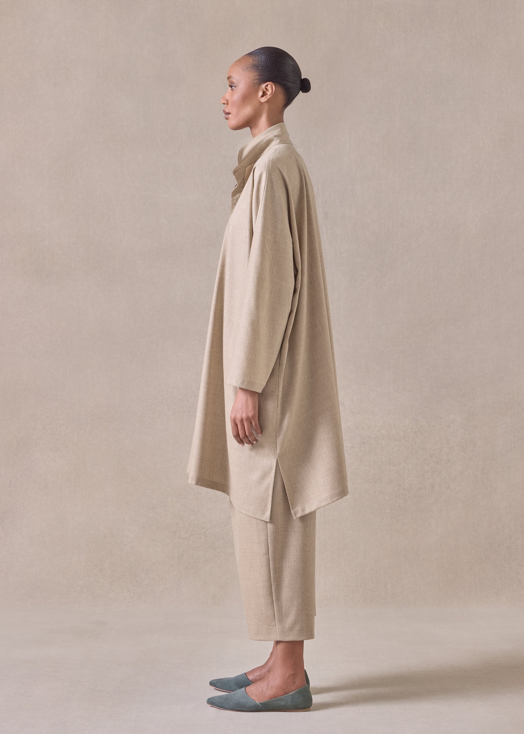 cashmere wool mix wide a-line shirt with double stand collar - very long