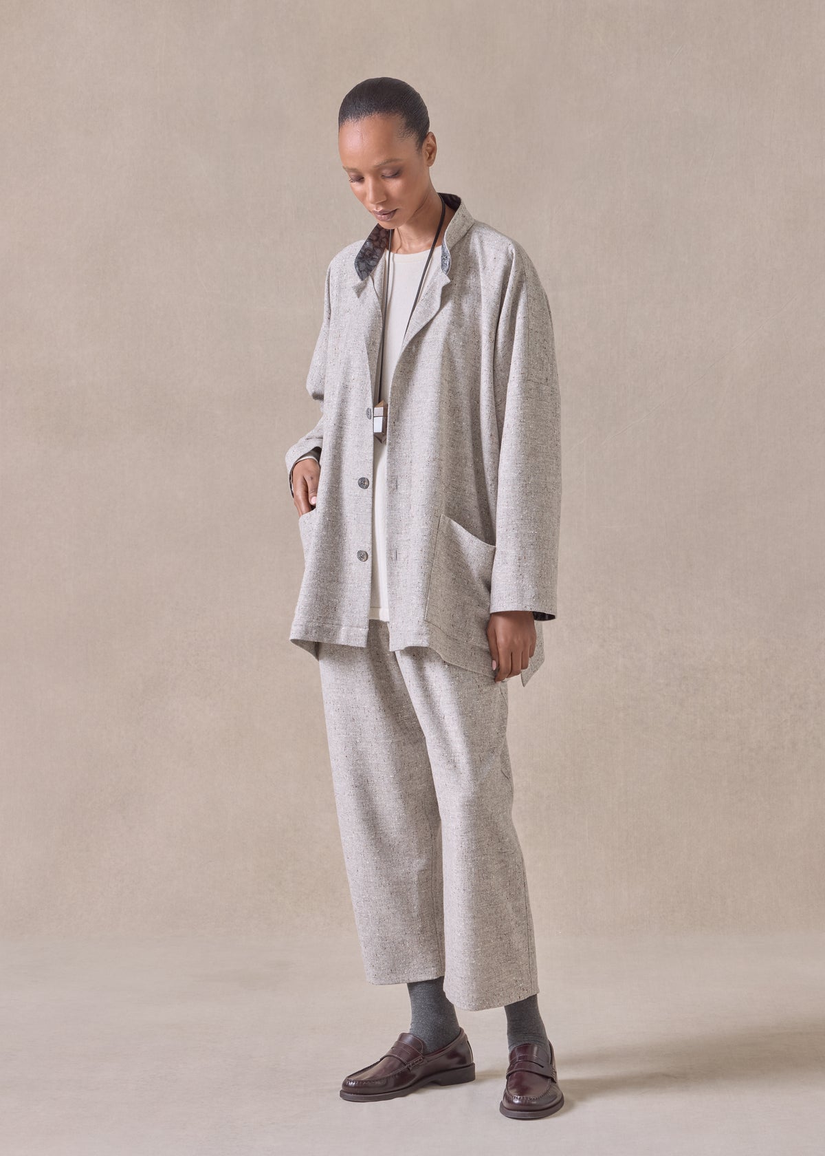 wool wide longer back mandarin jacket- long