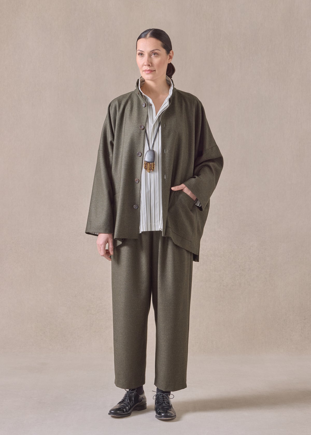 silk superfine wool mix wide longer back double stand collar jacket - long