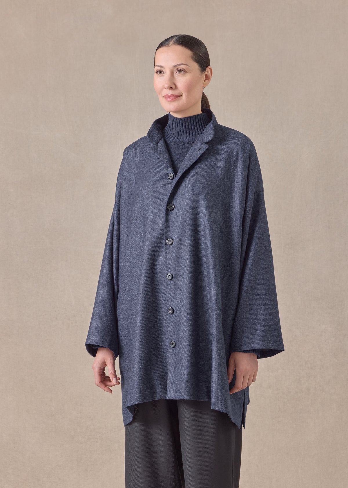 silk superfine wool mix wide a-line mandarin jacket - long plus