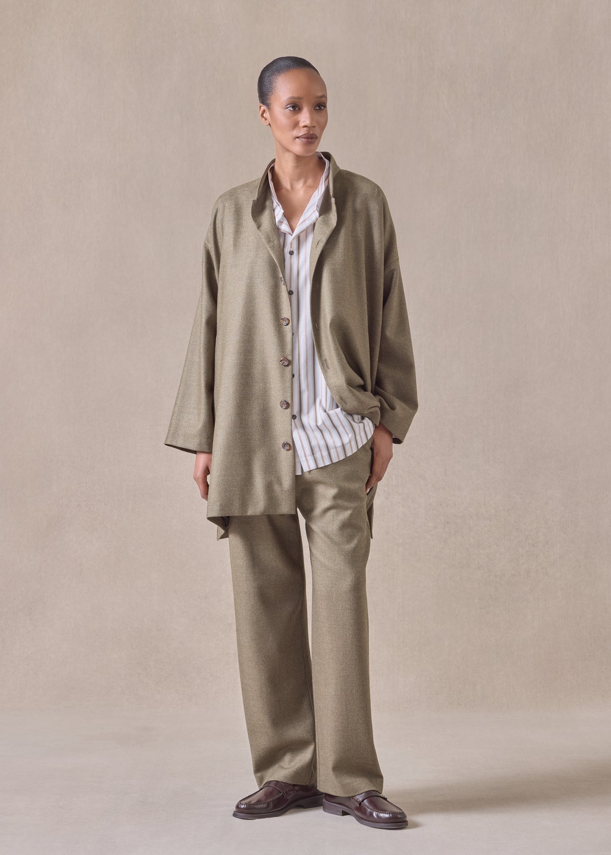 wool silk wide a-line mandarin jacket - long plus (olive)