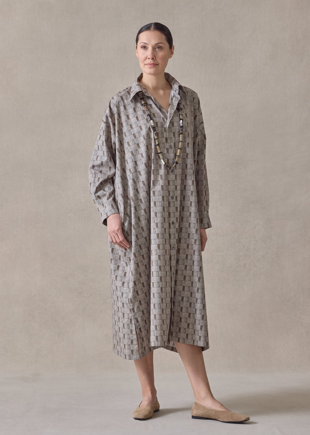 printed cotton wide a-line shirt dress with collar (olive)