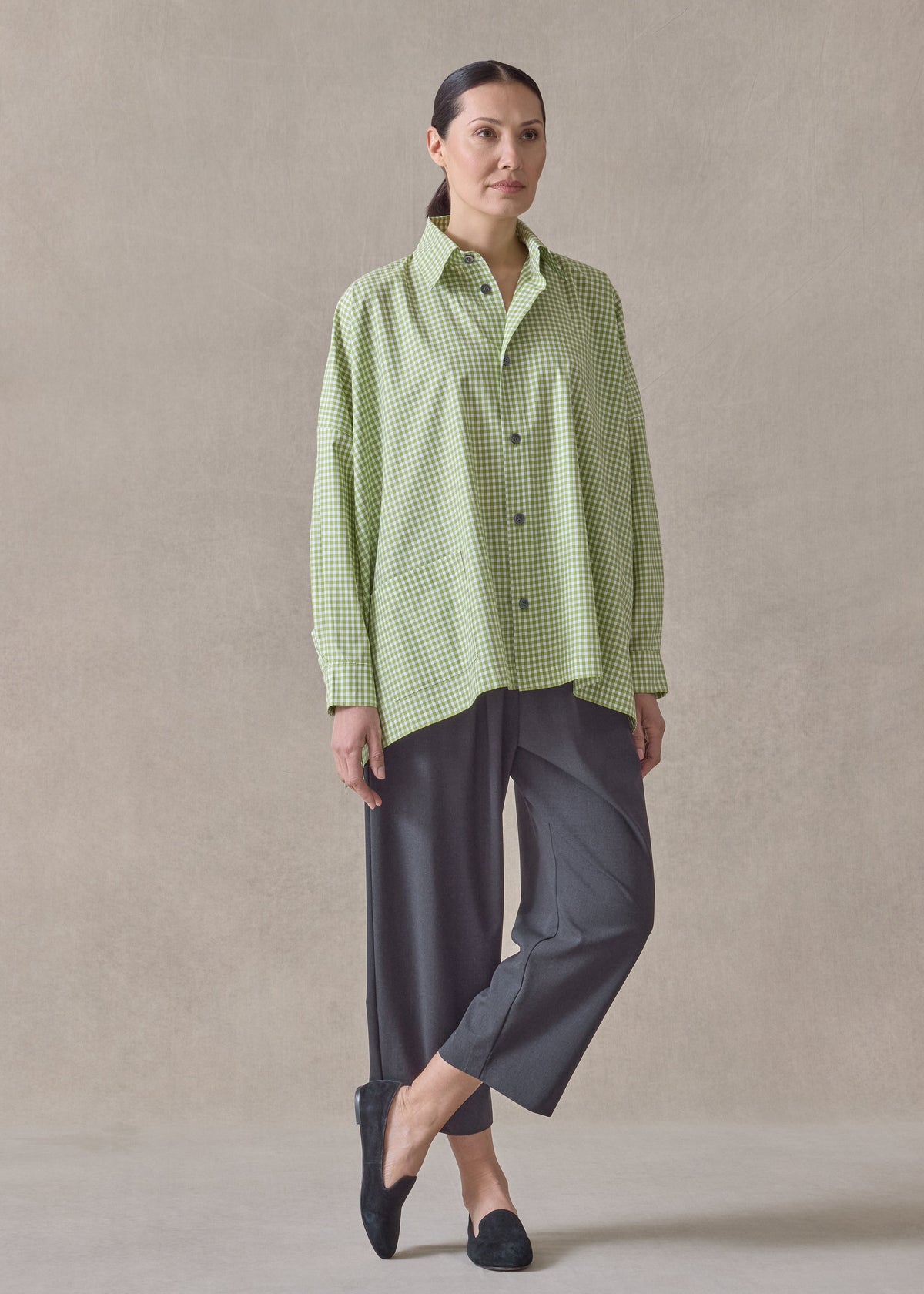 cotton wide longer back shirt jacket with collar-mid plus (limelight)