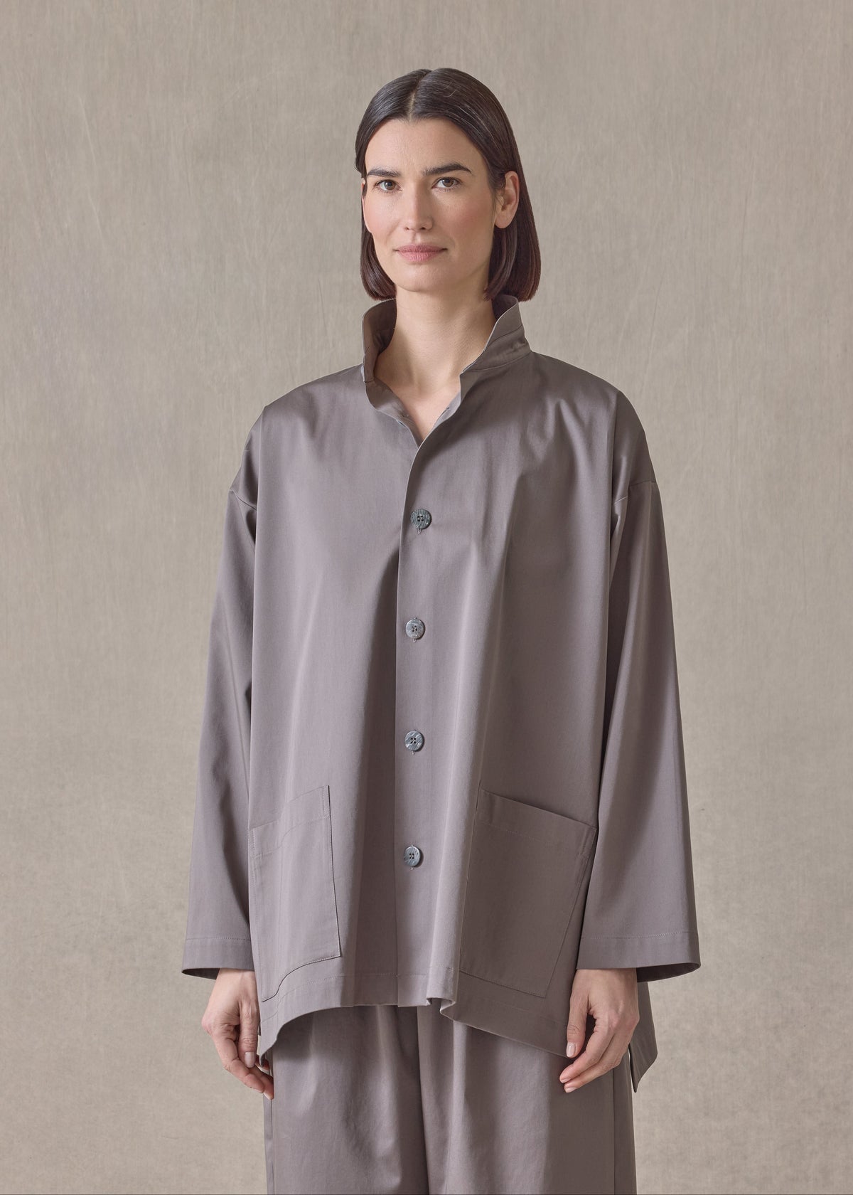 cotton stretch slim a-line double stand collar jacket with stepped insert-long (mocha)