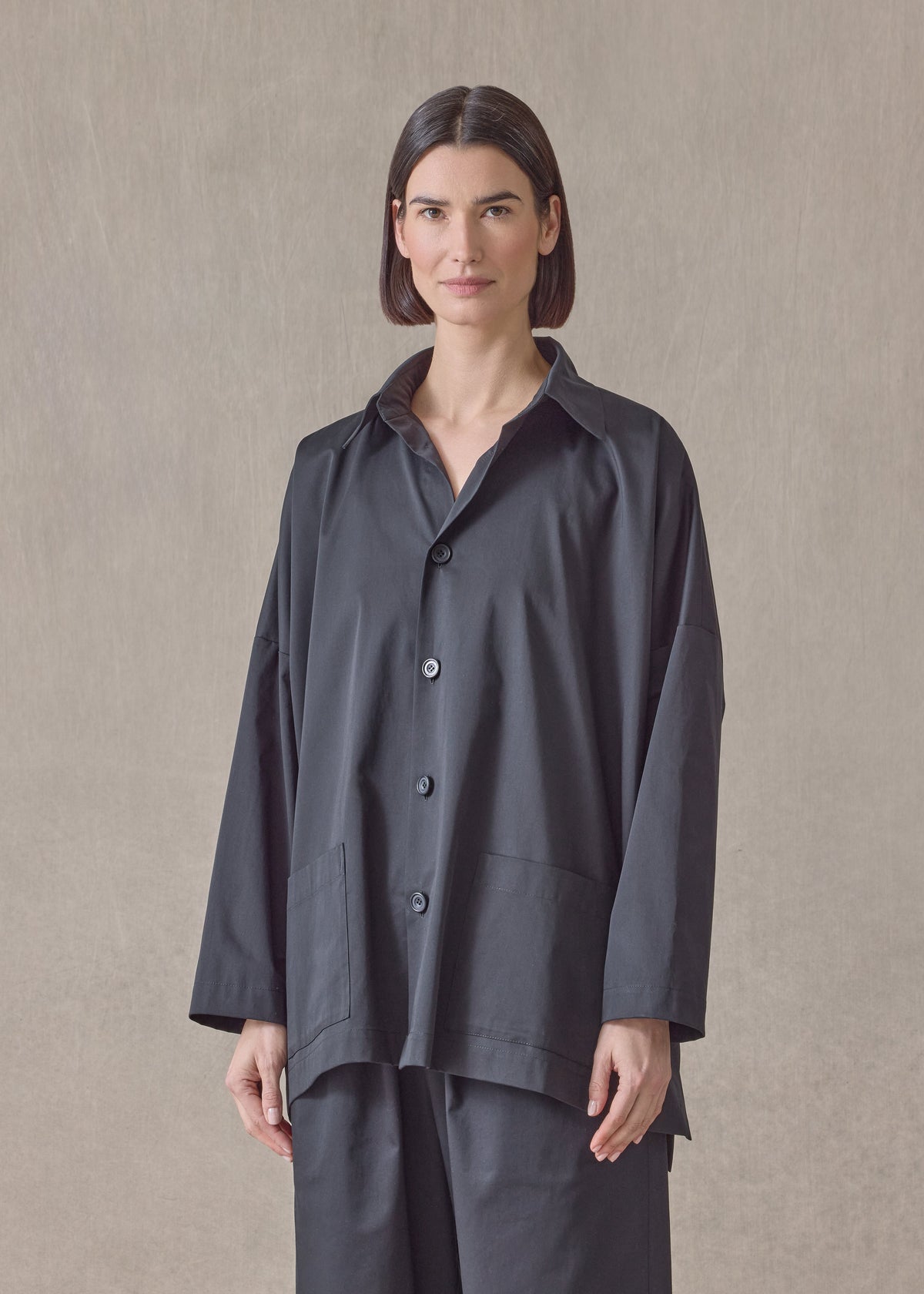 cotton stretch wide longer back jacket with collar - long (black)